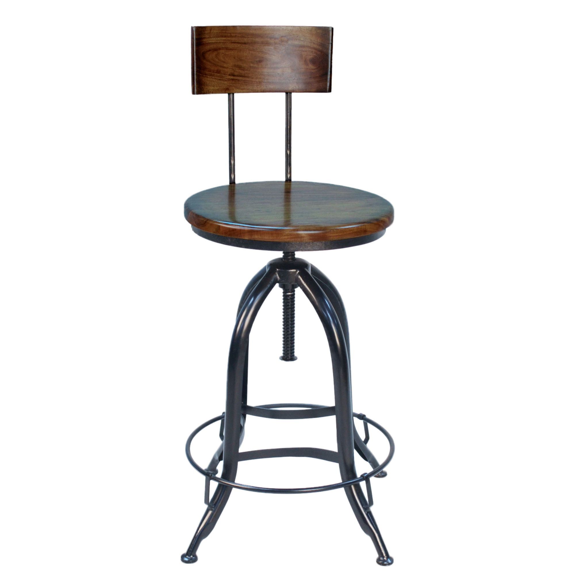 Mango Wood and Metal 34" Adjustable Stool with Swivel Seat, Brown and Black