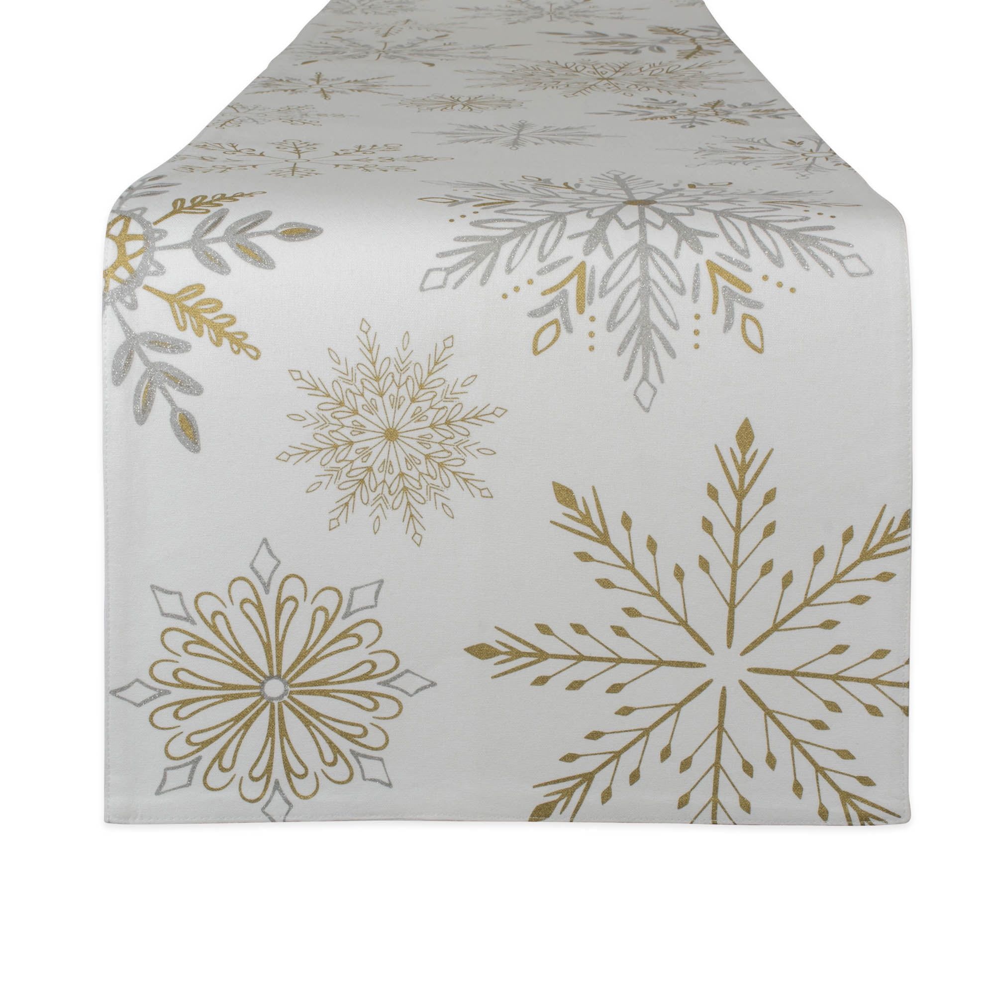 Ivory and Gold Snowflake Cotton Table Runner, 72"