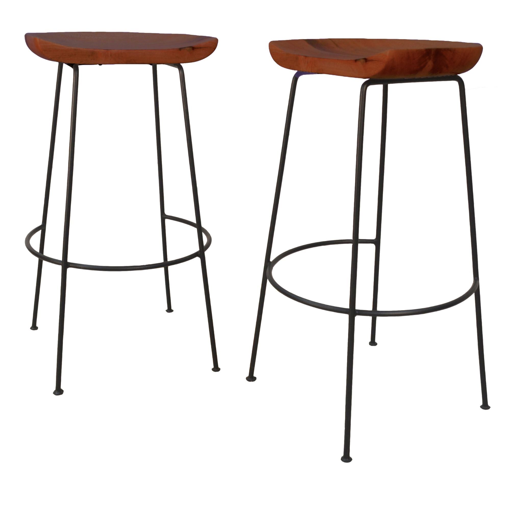 Chestnut Brown Mango Wood and Black Iron Bar Stools, Set of 2