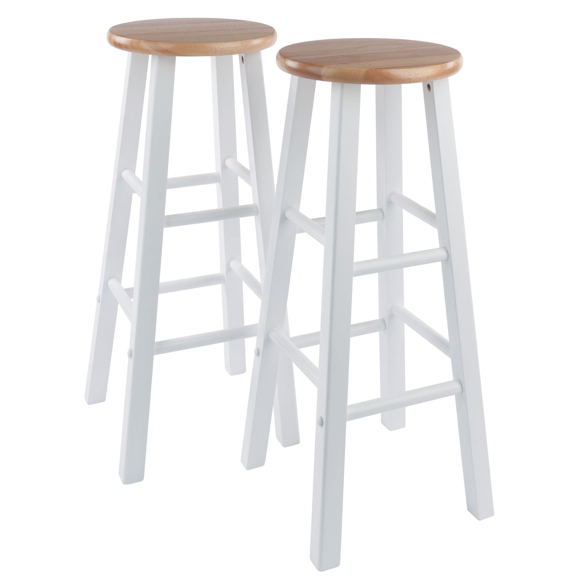 Set of 2 White and Natural Wood Bar Stools with Footrests