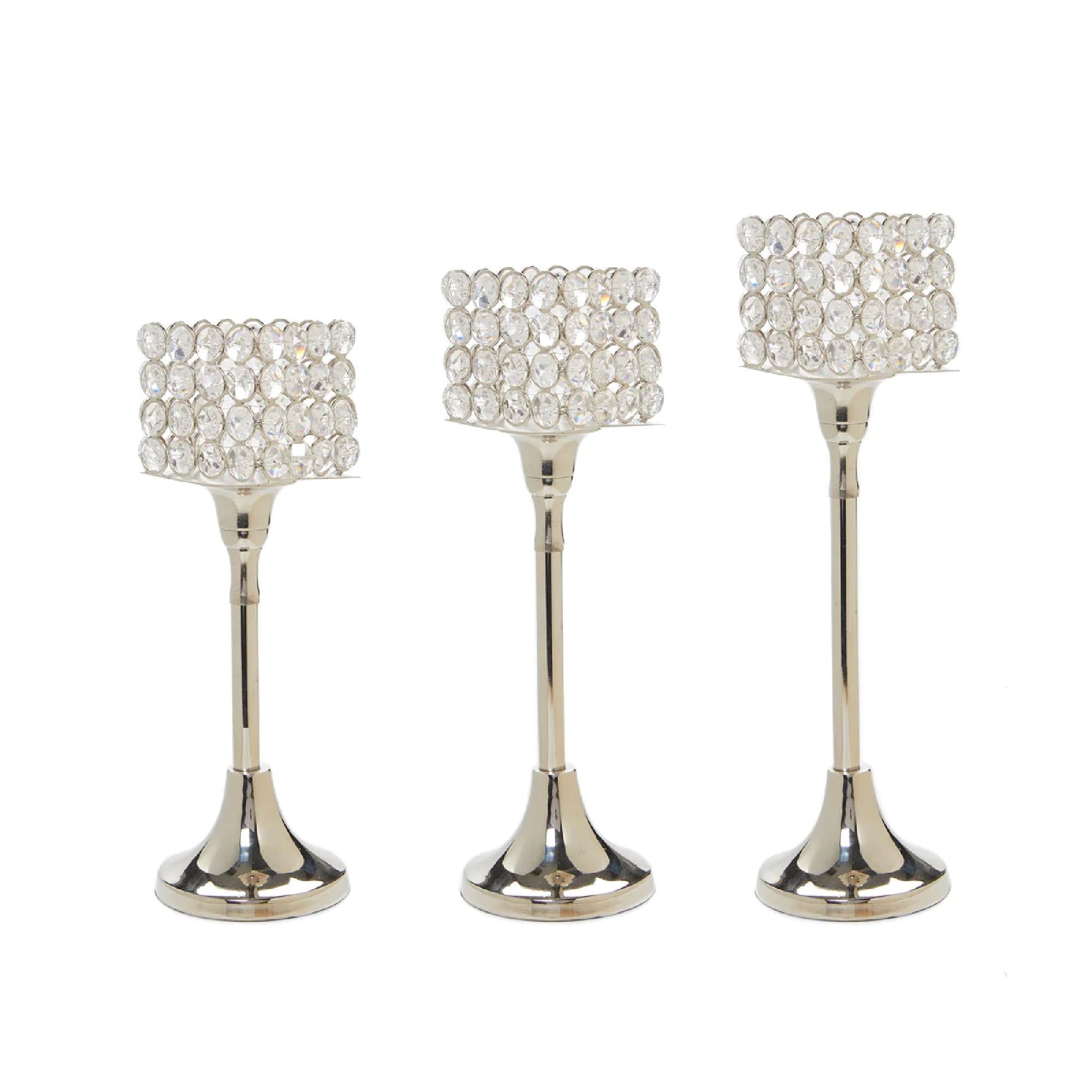 12" Silver Crystal Hurricane Tealight Candle Holders Set