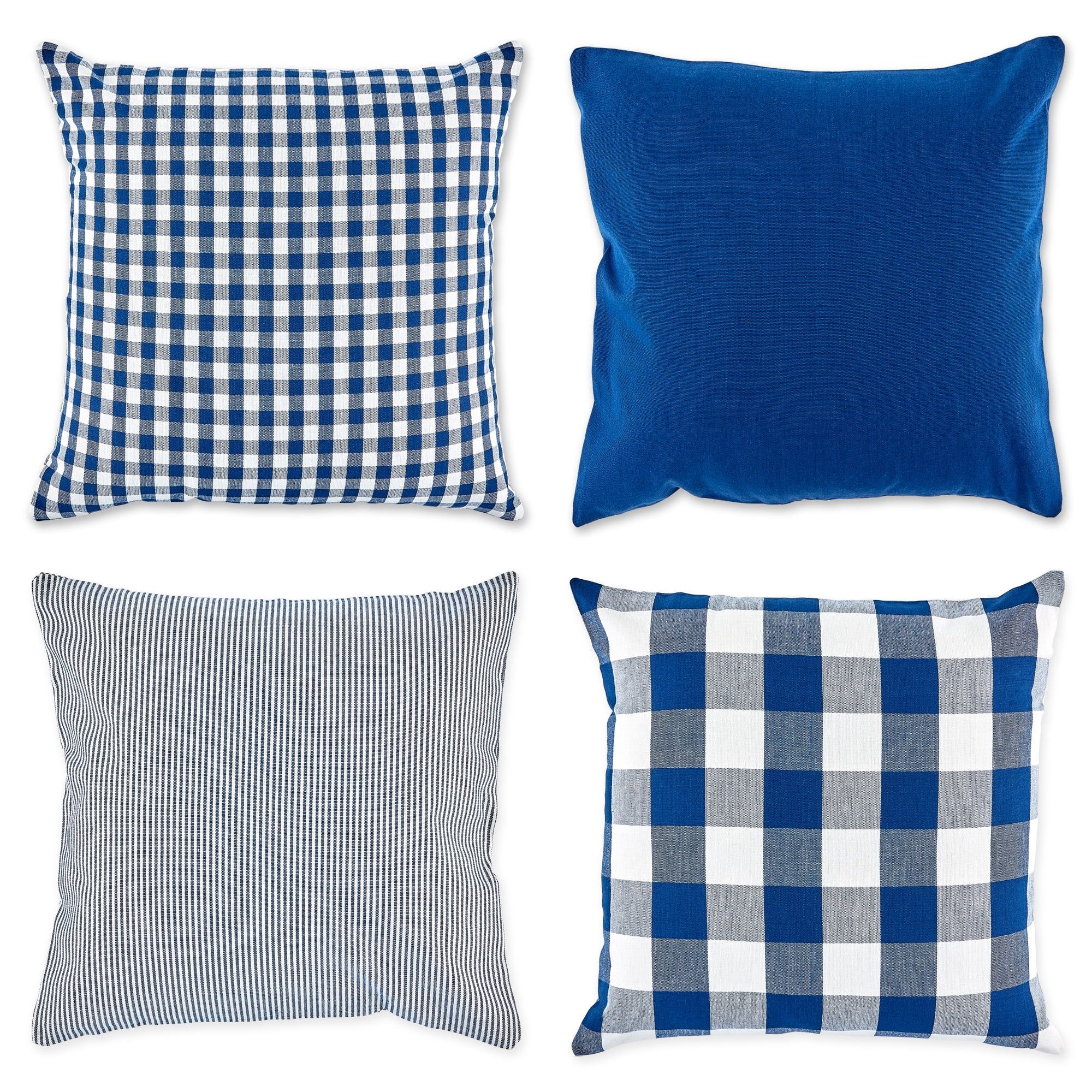 Navy Blue and Off-White Cotton Checkered Pillow Covers, 18" Set of 4