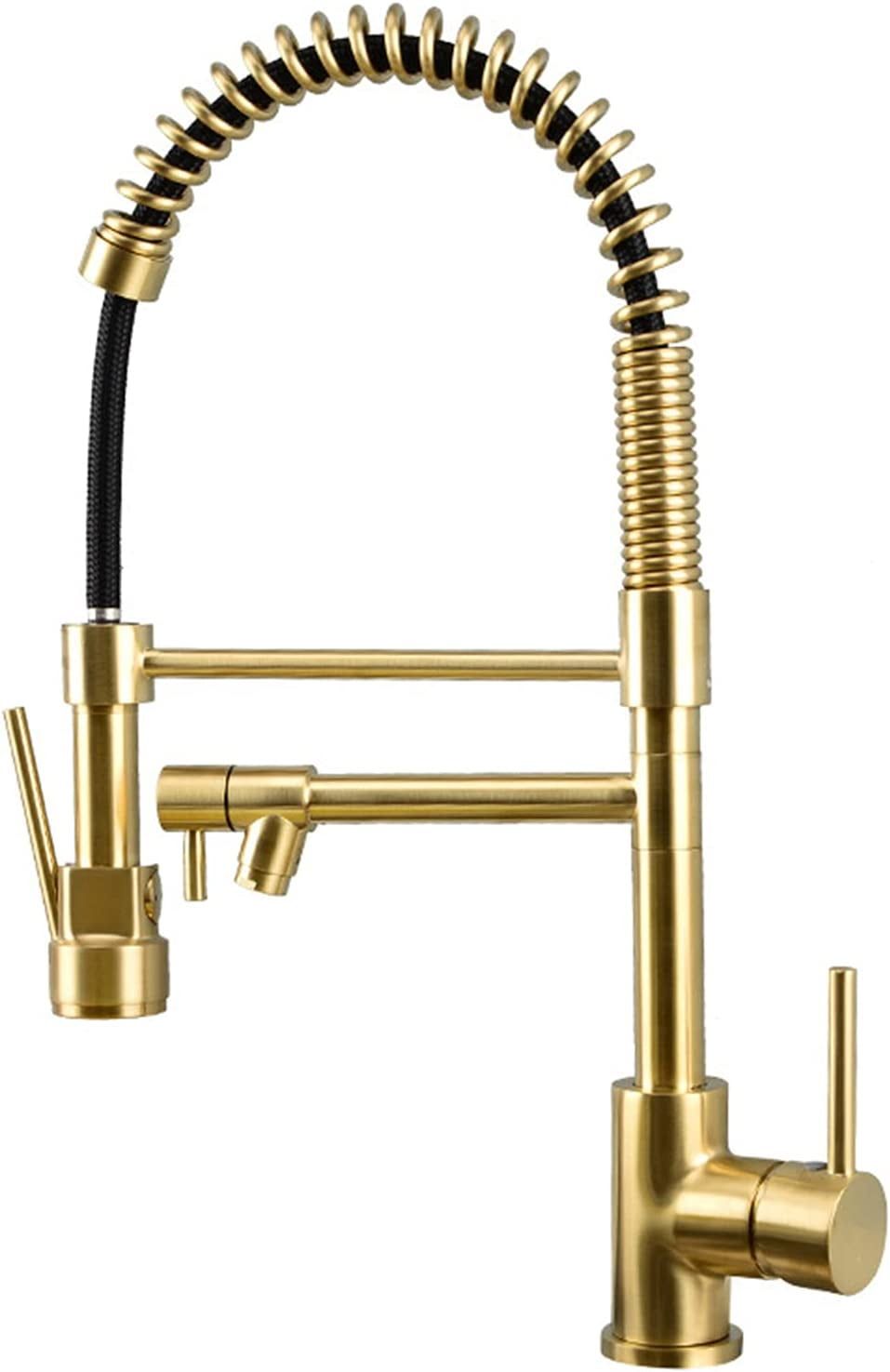 Brushed Gold Brass Pull-Down Kitchen Faucet with Spray