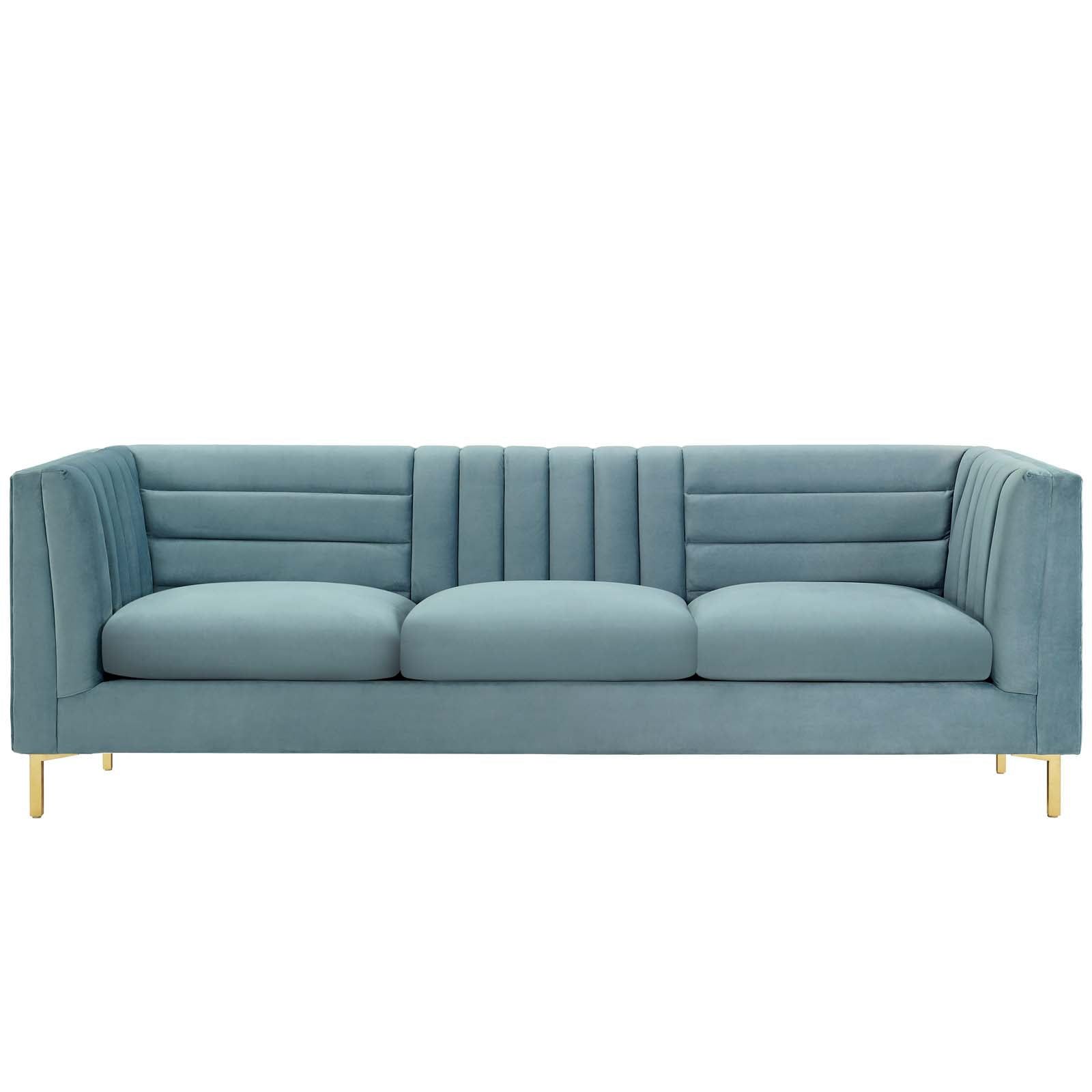 Light Blue Velvet Tufted Sofa with Gold Steel Legs