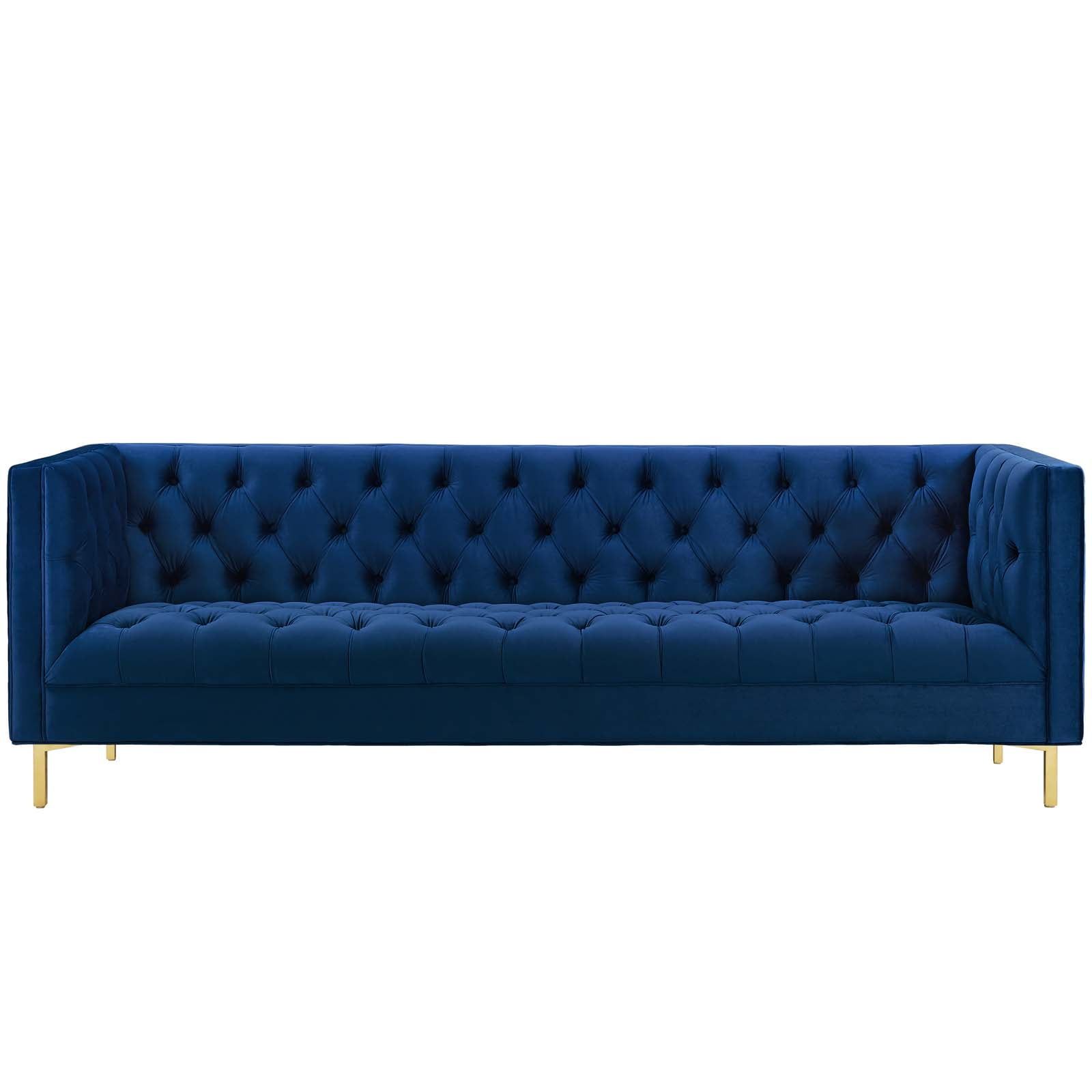 Delight Navy Velvet Tufted Button Luxe Sofa with Gold Legs