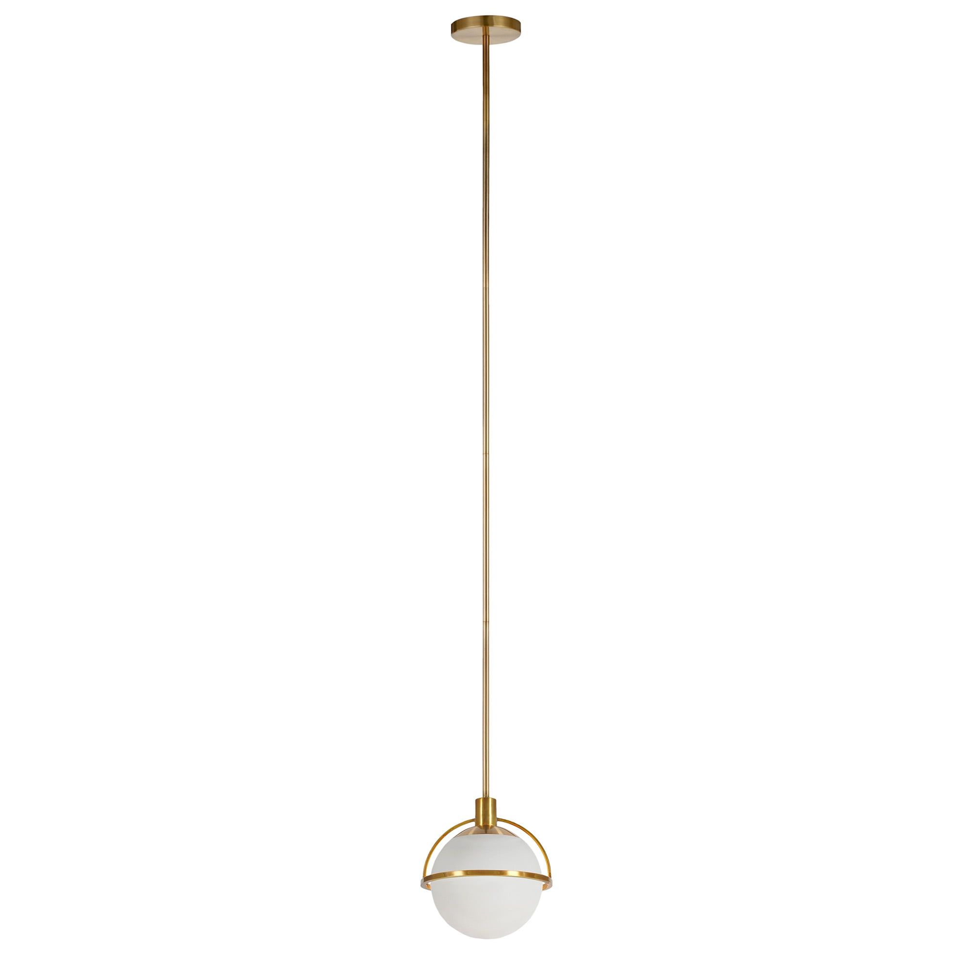 Elegant Brass and White Milk Glass 9'' Drum Pendant Light