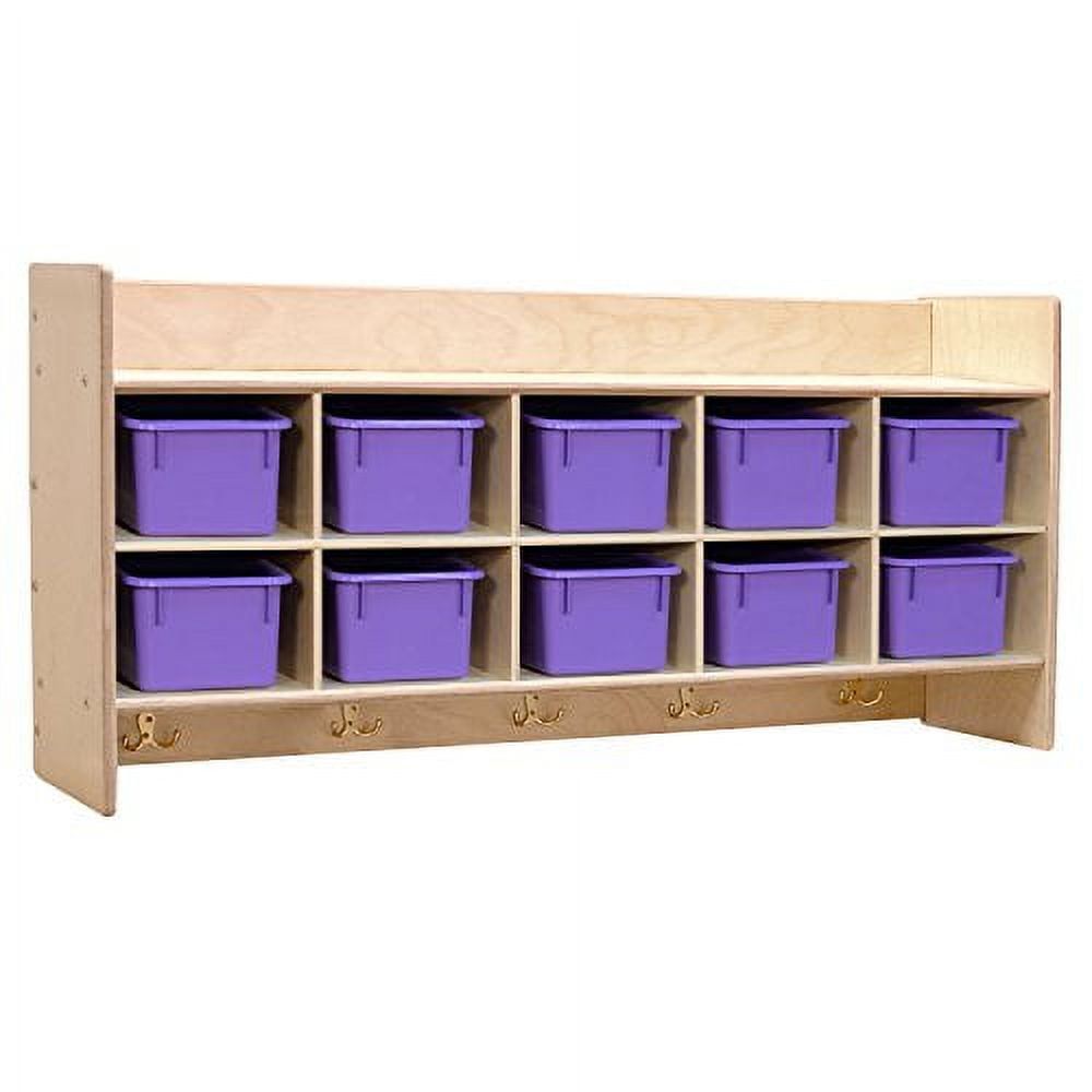 Natural Wood Wall Storage with Purple Plastic Bins