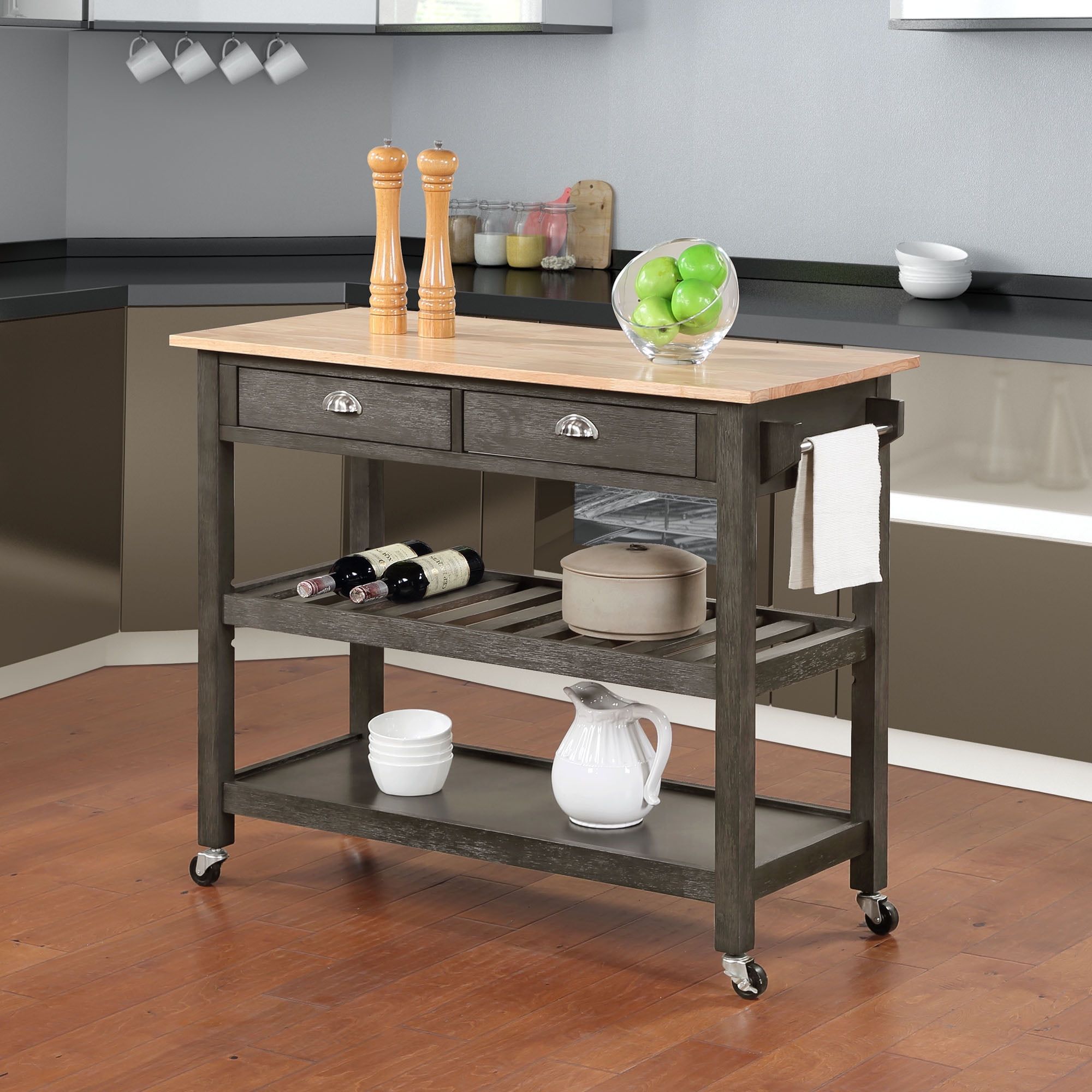 Gray Wood Butcher Block Kitchen Cart with Wine Rack