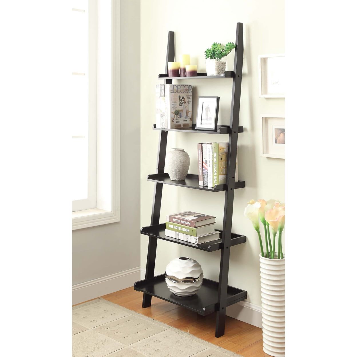Heritage 5-Tier Black Ladder Bookshelf in Solid Pine & Birch