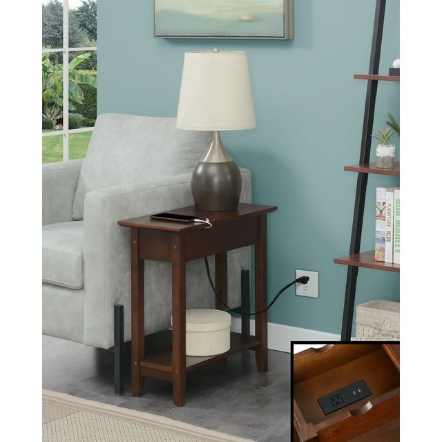 Espresso Heritage 23" Flip Top Wood End Table with Charging Station