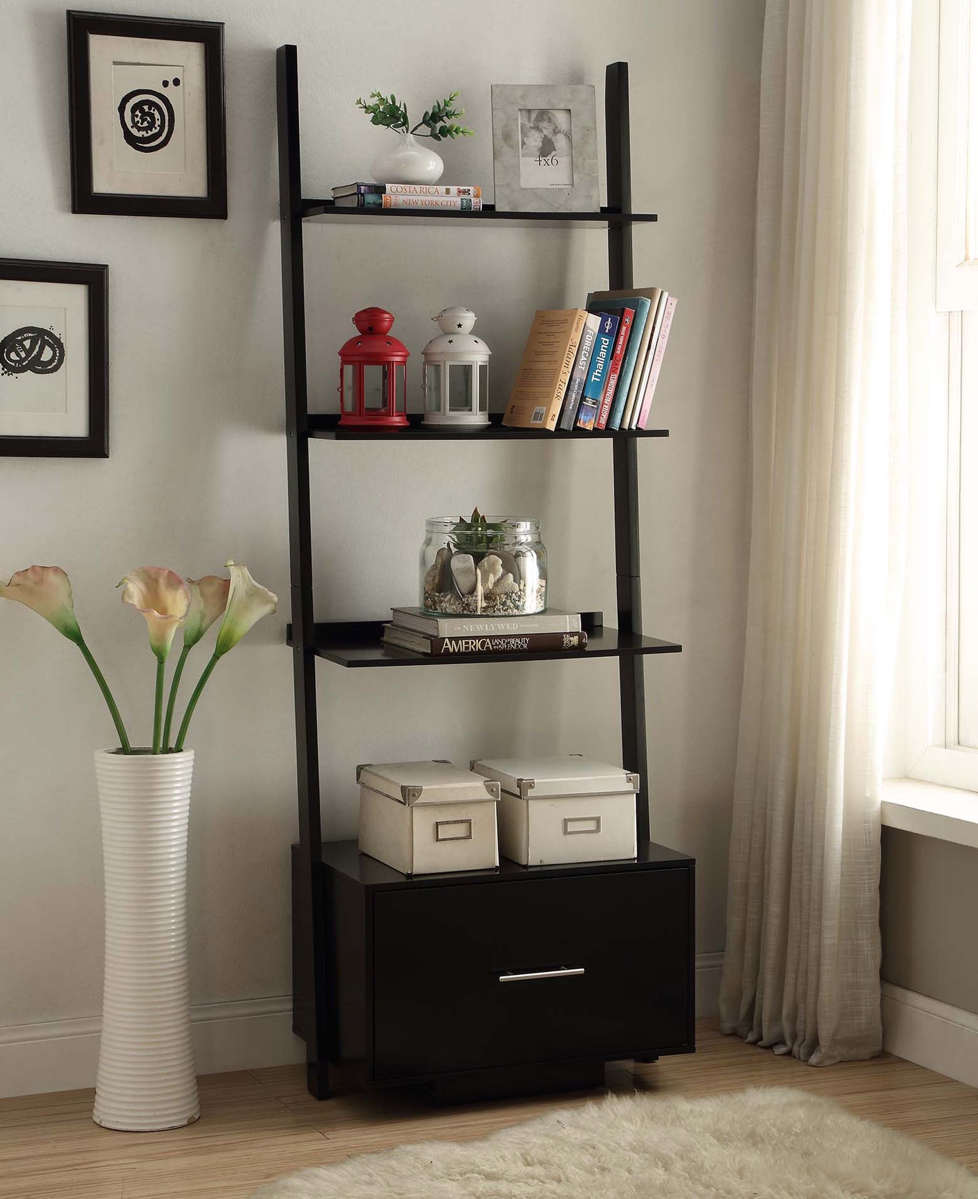 Heritage Black Wood Ladder Bookcase with File Drawer