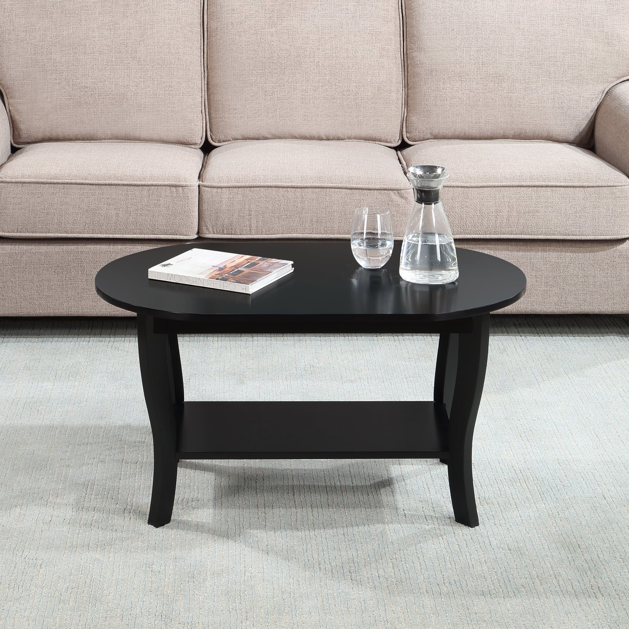 Black Oval MDF Coffee Table with Shelf, 36 in