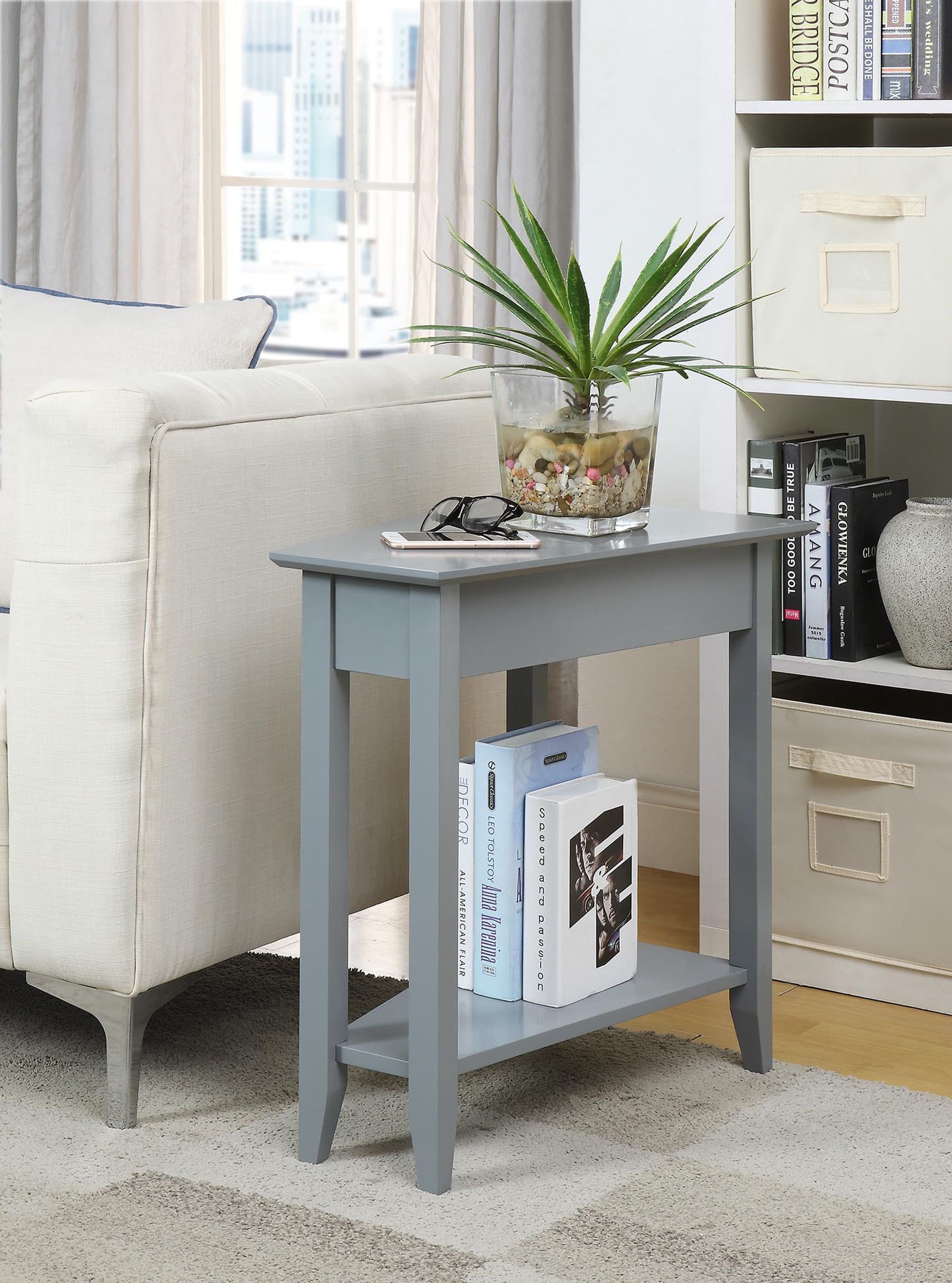 Gray Triangular Wood and Metal End Table with Shelf