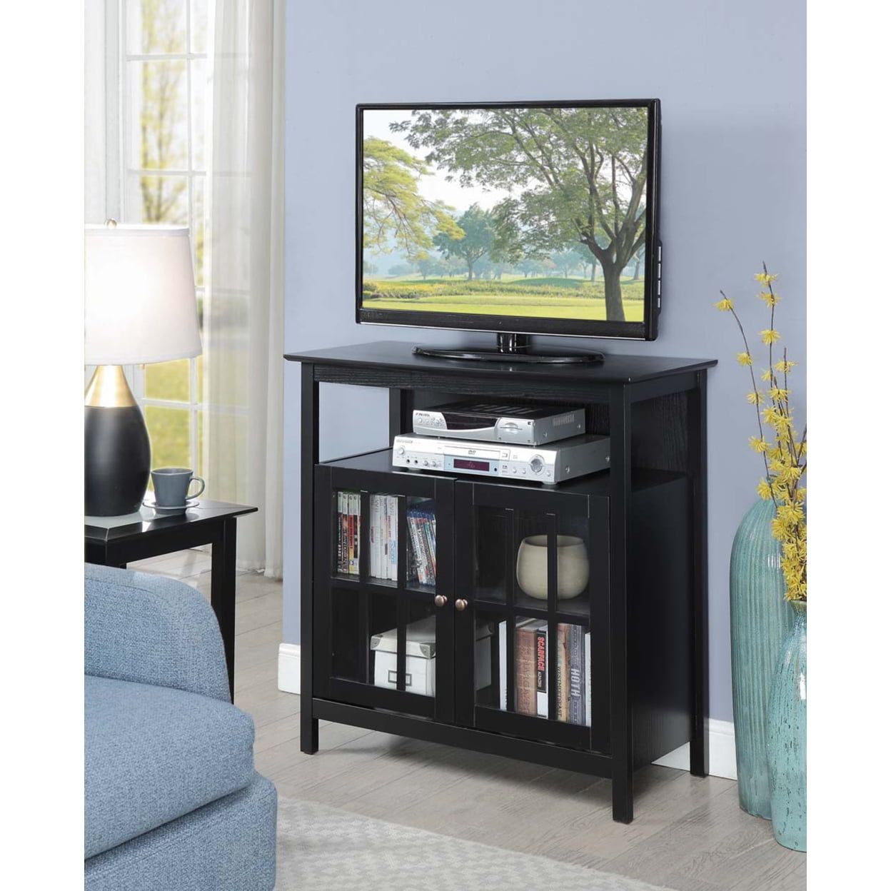 Black 4-Tier Ash and Pine Media Console with Cabinet