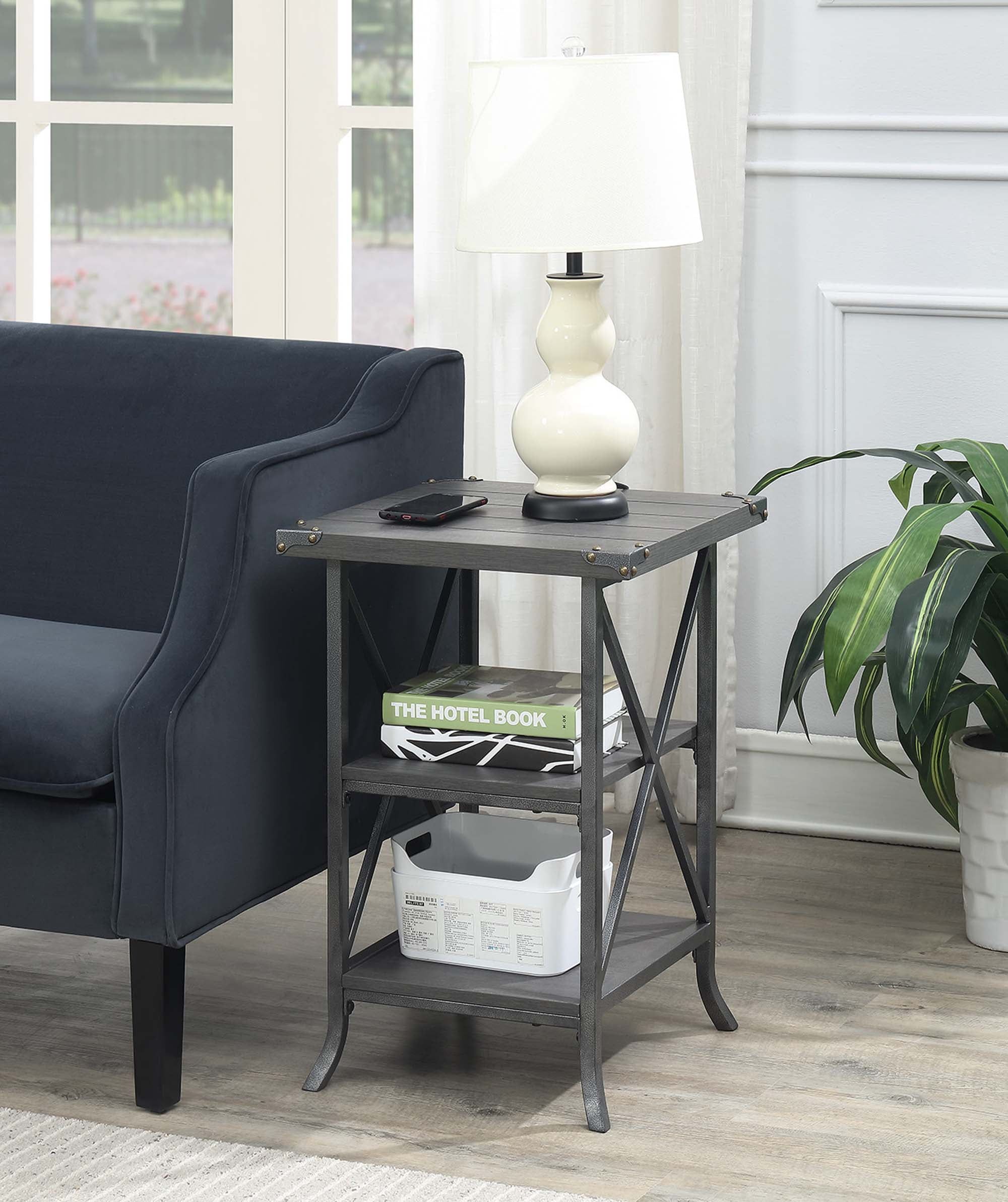 Gray Wood and Metal End Table with Storage Shelves