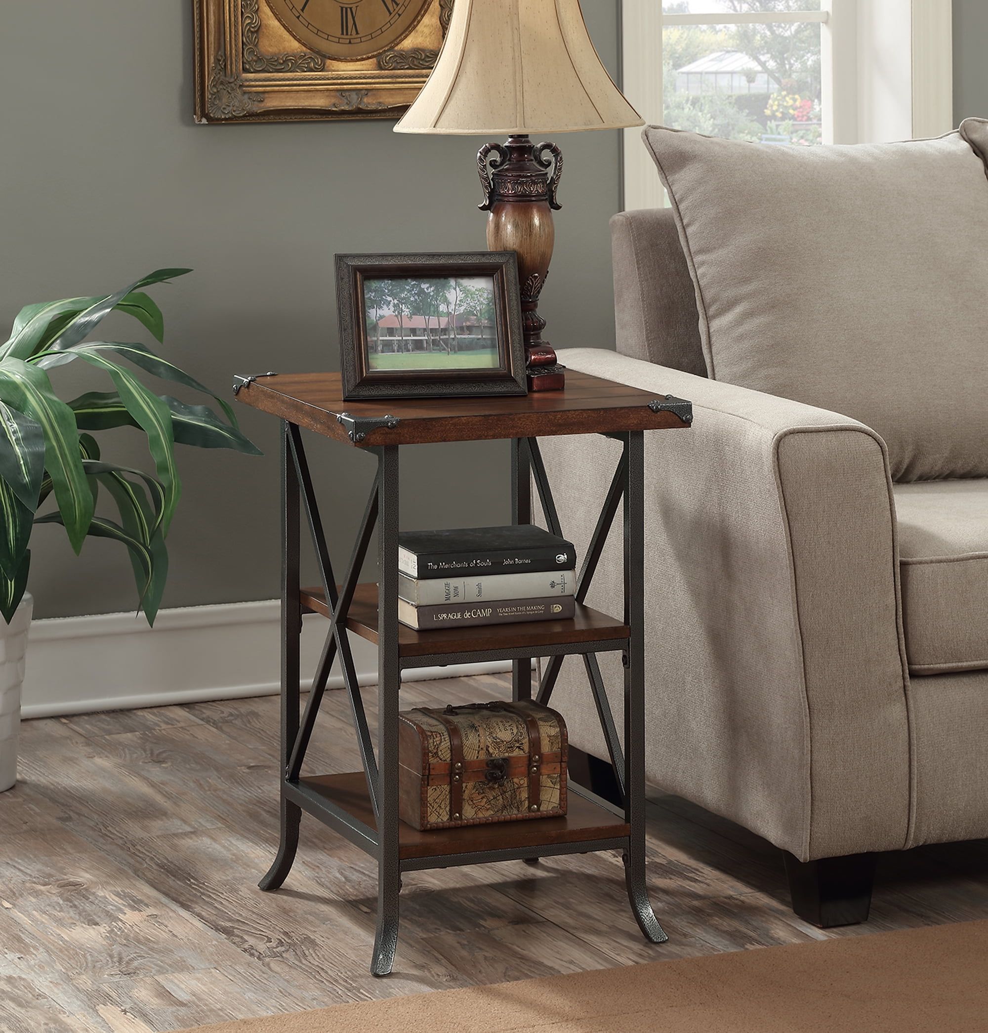 Brookline Dark Walnut Grooved End Table with Metal Accents