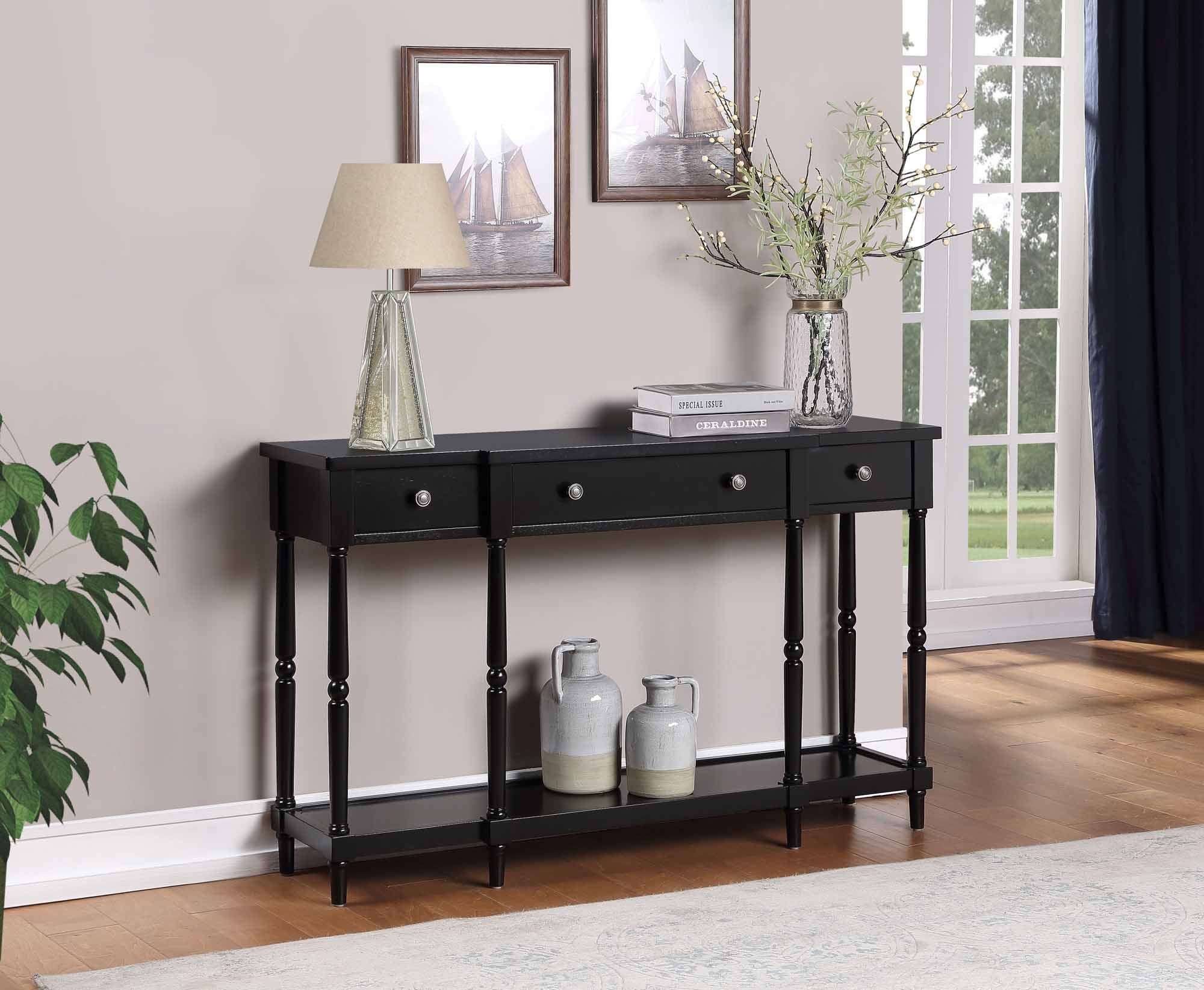 Black Wood Console Table with Storage and Shelf