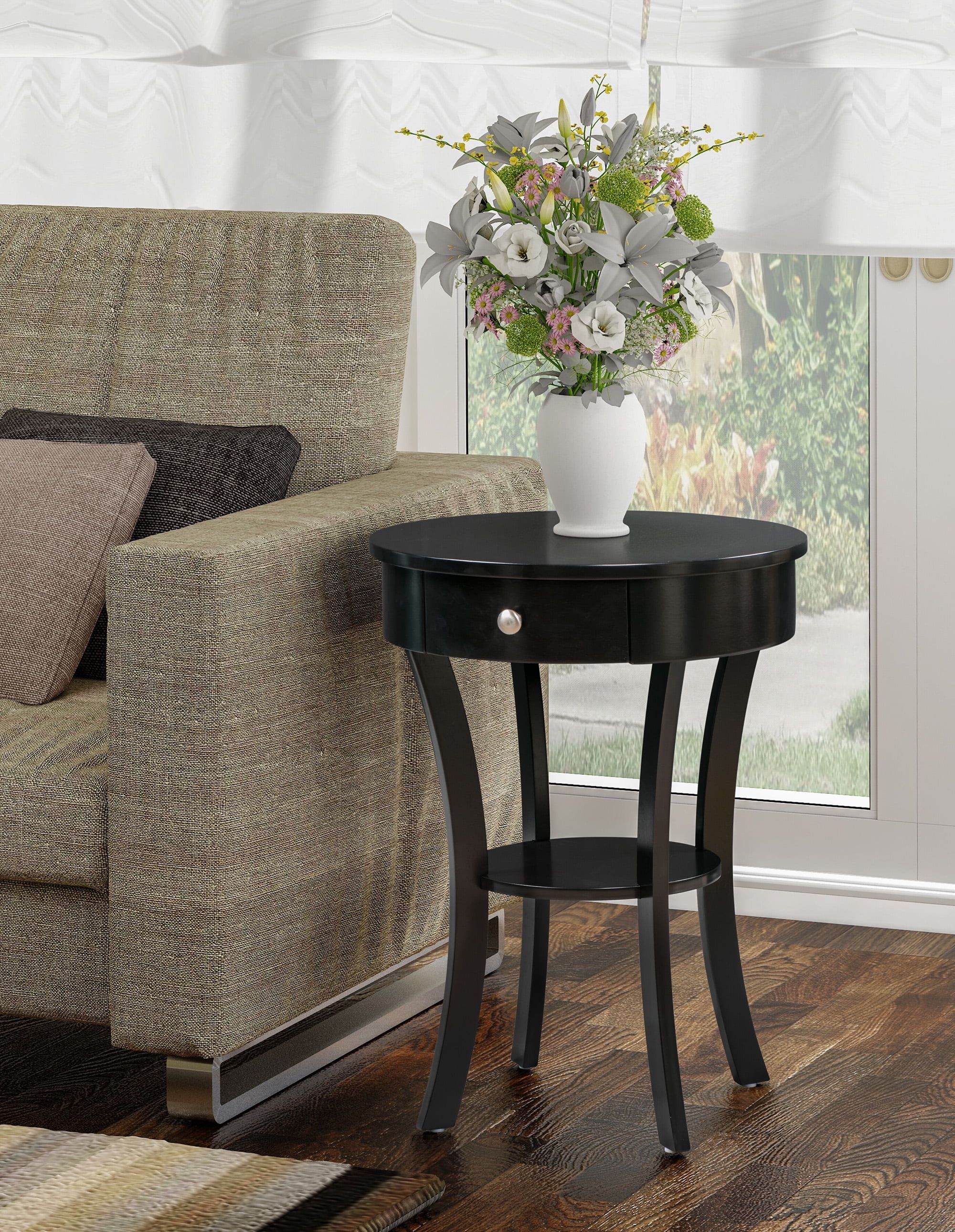 Elegant Schaffer Round Black Wood End Table with Storage