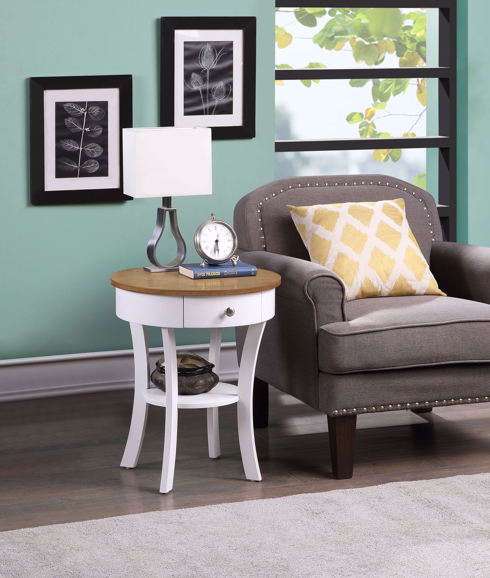 Driftwood and White Round Wood End Table with Storage