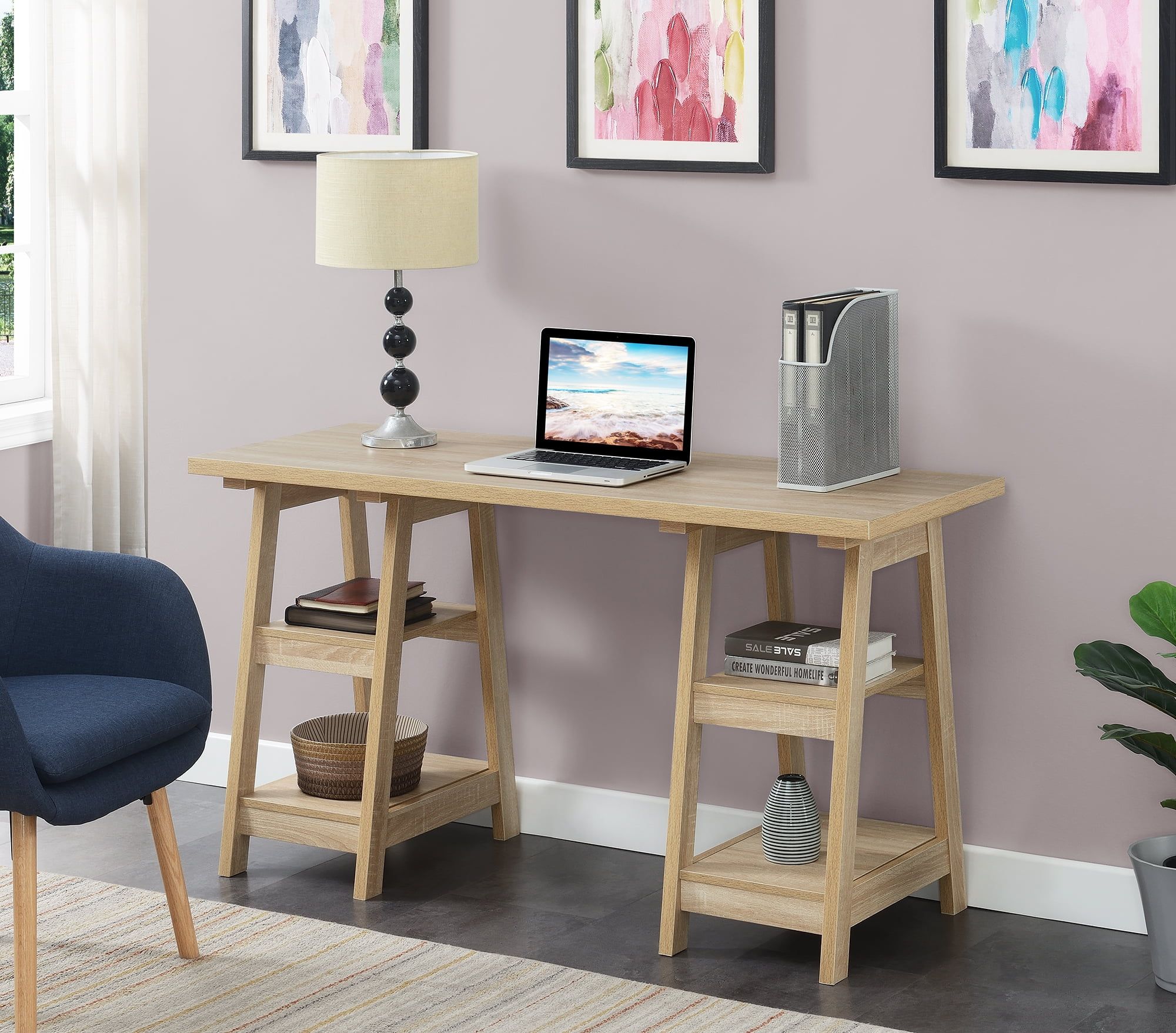 Weathered White 54" Double Trestle Desk with Shelves