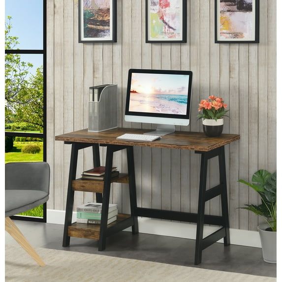 Designs2Go 47" Barnwood Black Trestle Desk with Shelves