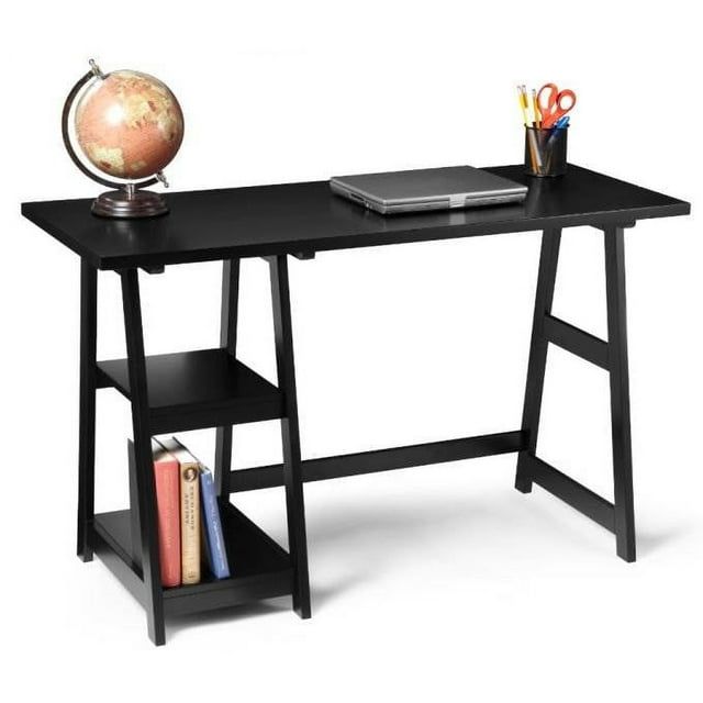 Black MDF Trestle Desk with Shelves, 47"