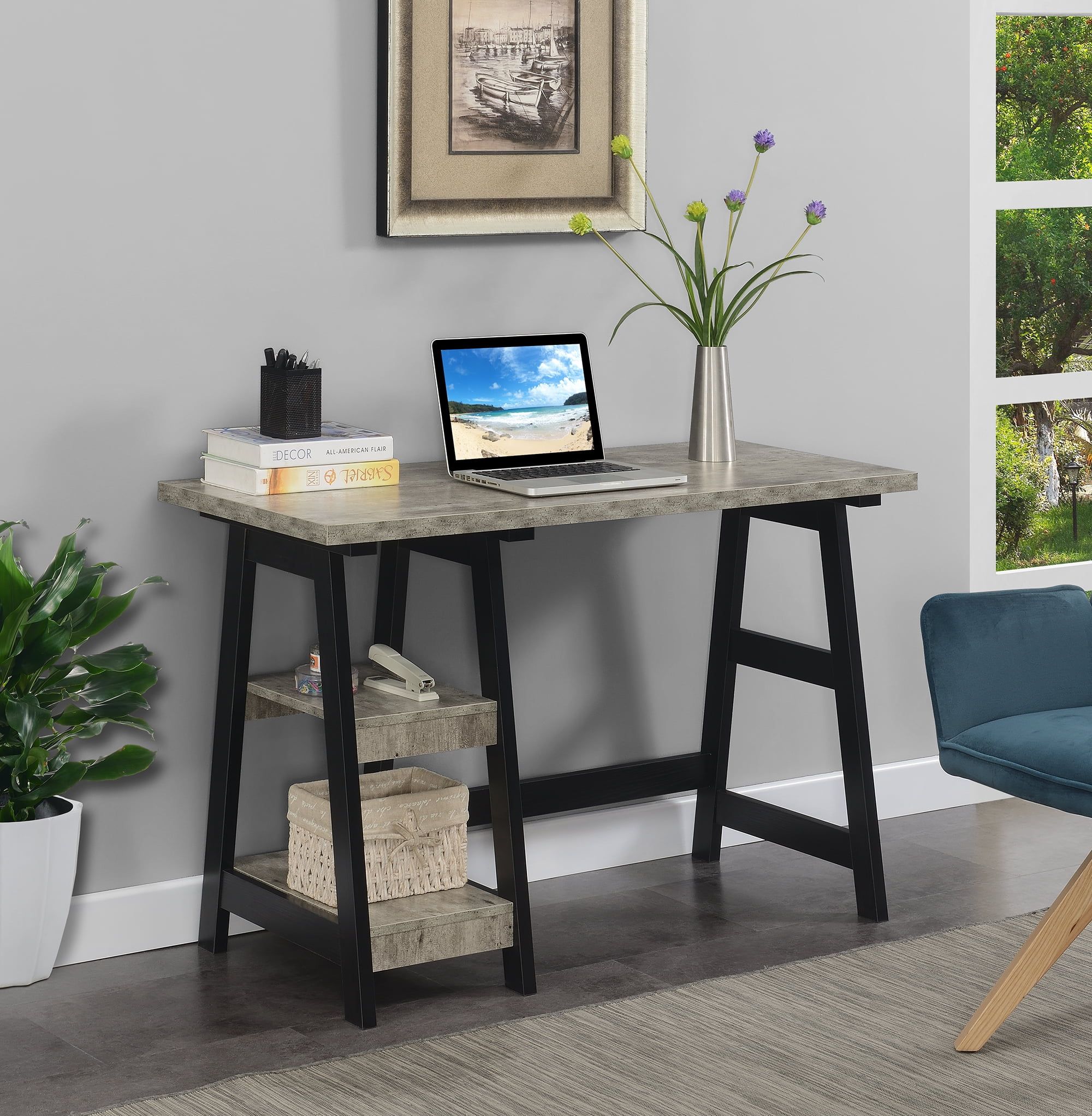 Gray Faux Birch and Black Trestle Desk with Shelves