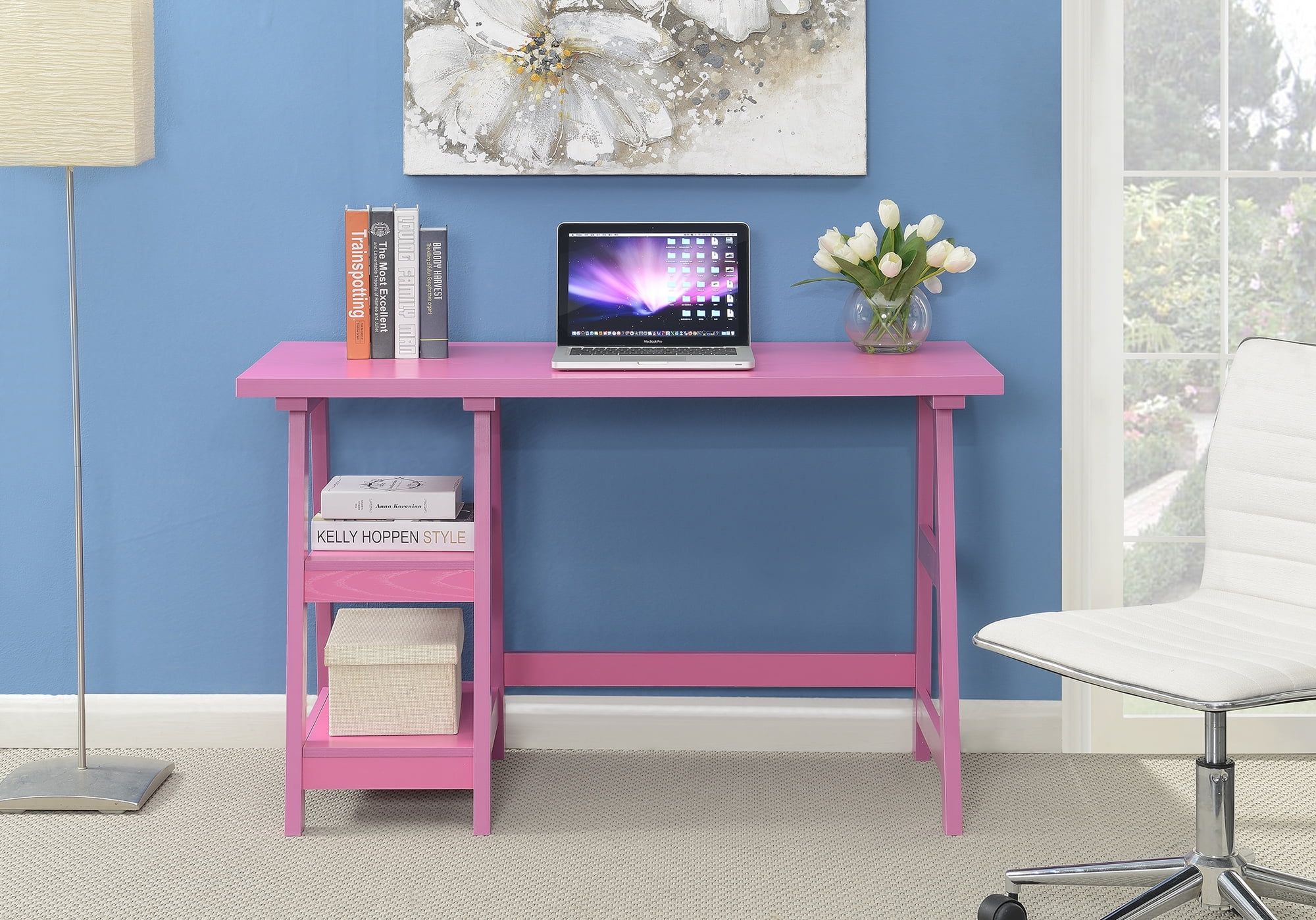 Contemporary White 47" Trestle Desk with Shelves