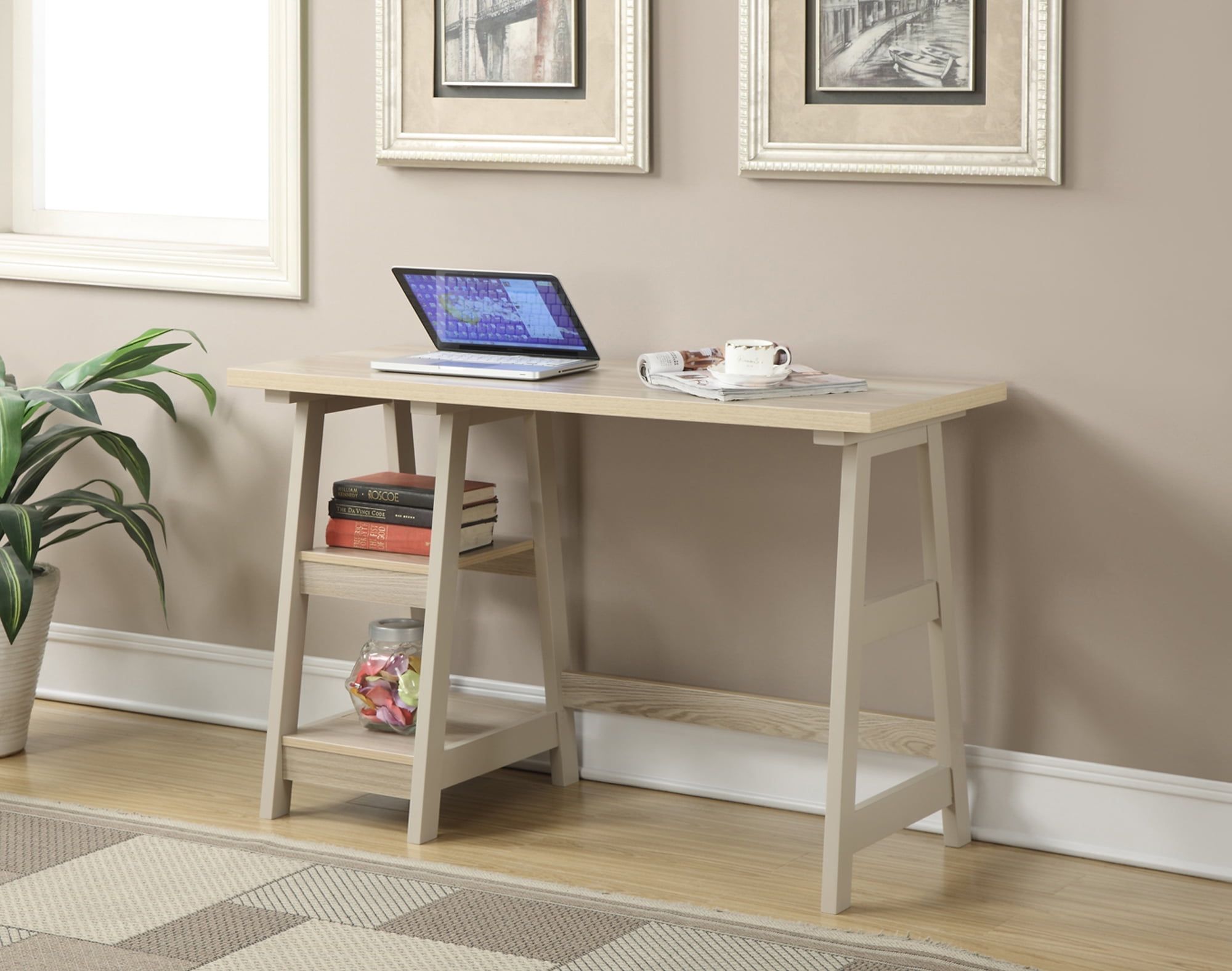 Weathered White Wood Trestle Writing Desk with Shelves