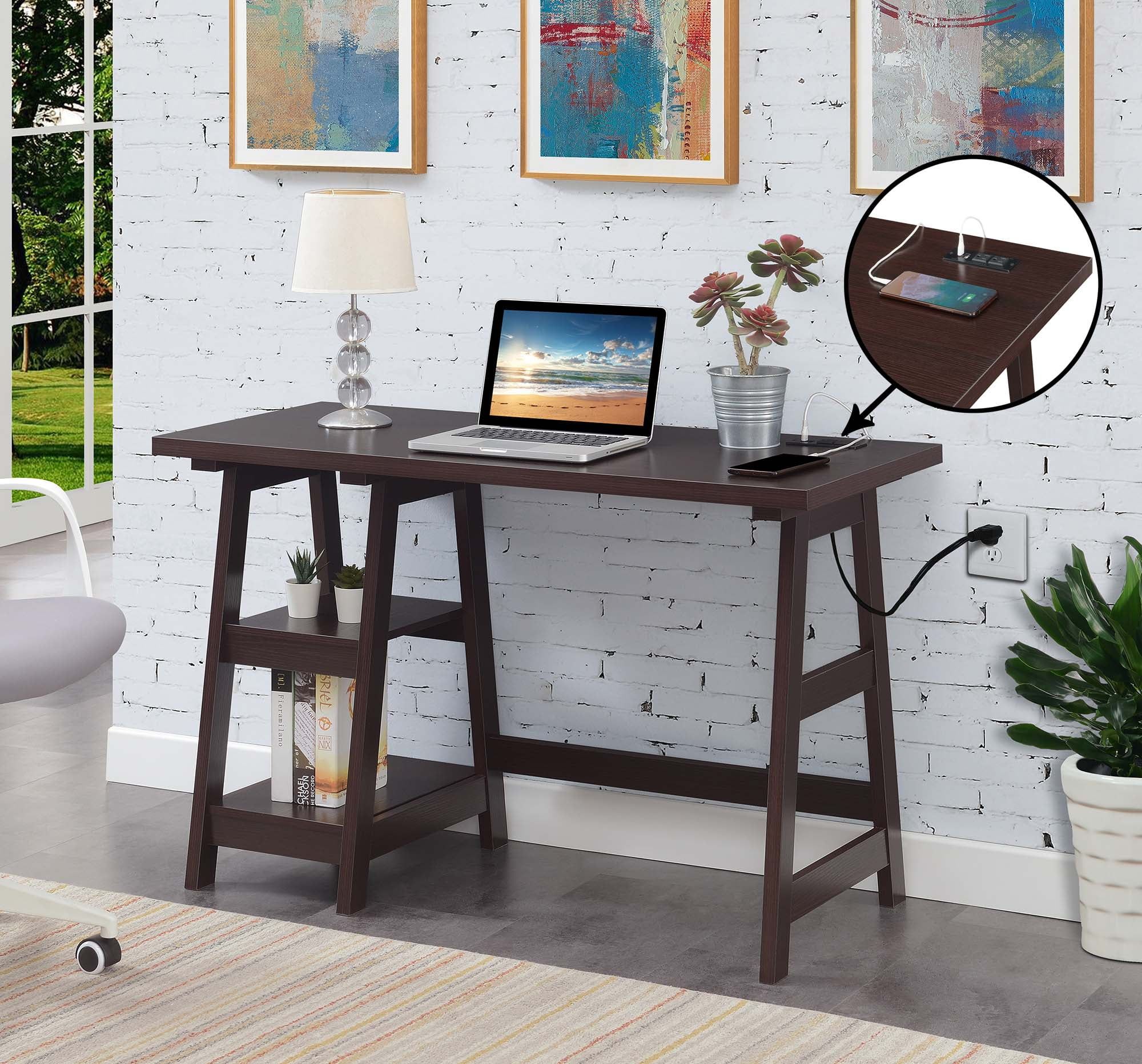 Espresso Wood Trestle Desk with USB Charging Station