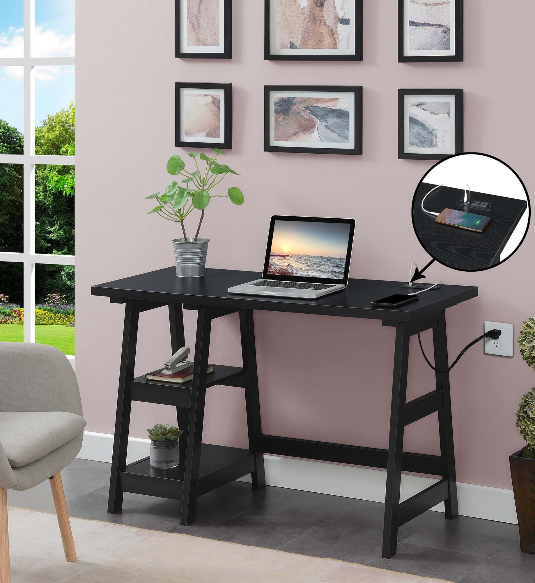 Modern Black Wood Desk with USB Charging Station, 47" Length