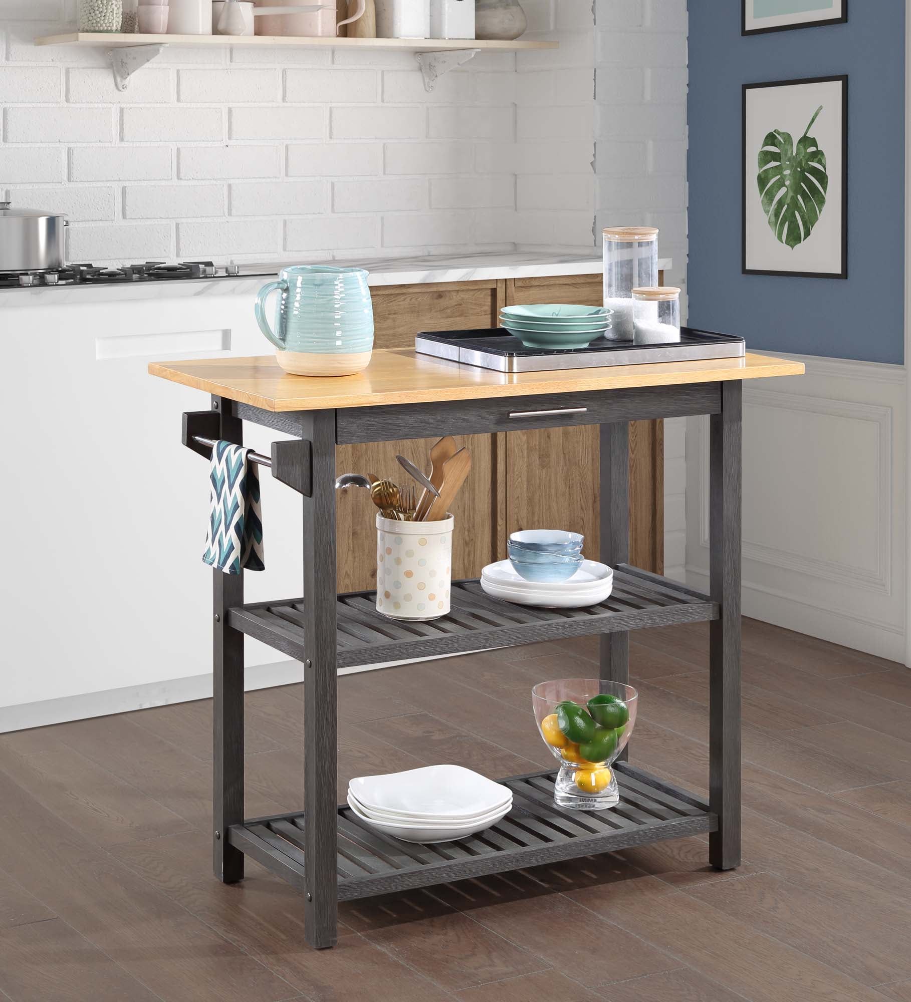 Dark Gray Butcher Block Kitchen Prep Island with Drawer