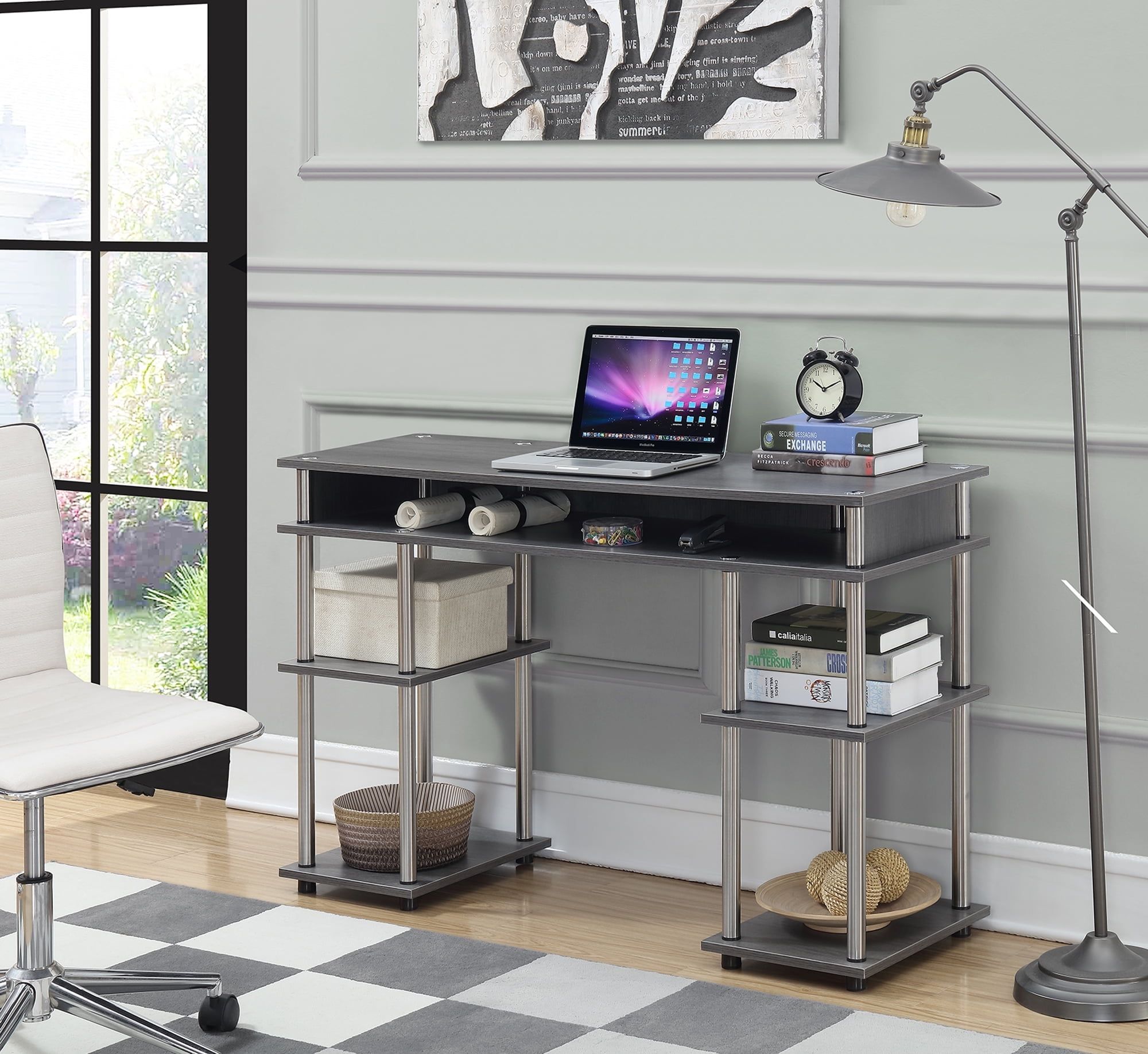 Charcoal Gray Wood Student Desk with Shelves