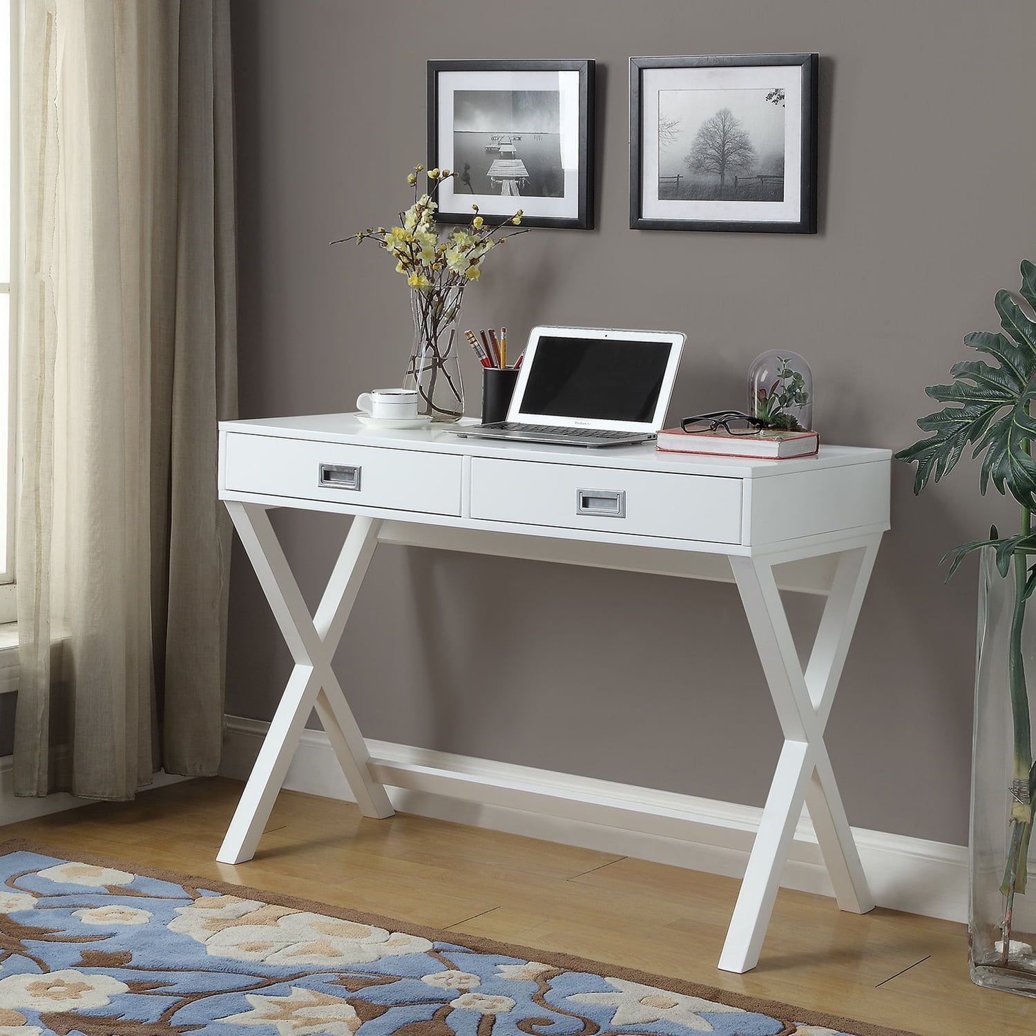 Landon Modern X-Frame White Wood Desk with Drawers