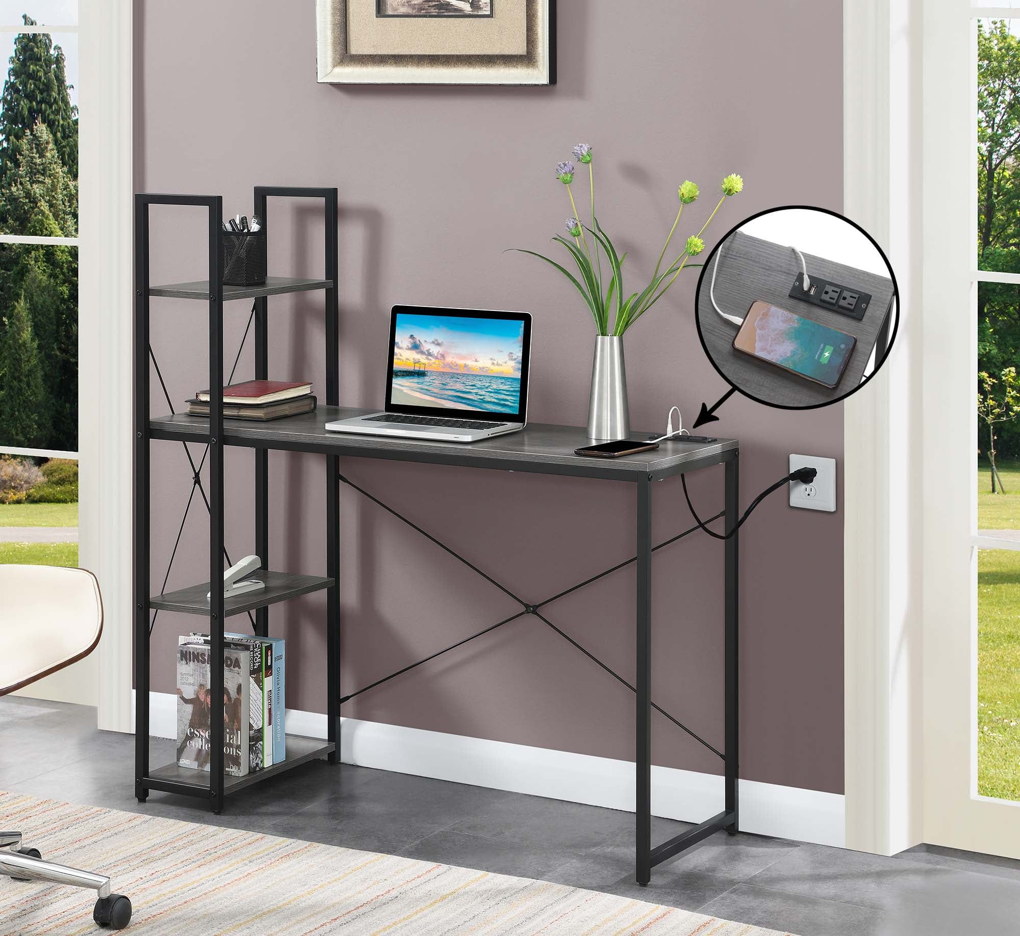 Charcoal Gray Wood Office Workstation with USB Port and Shelves