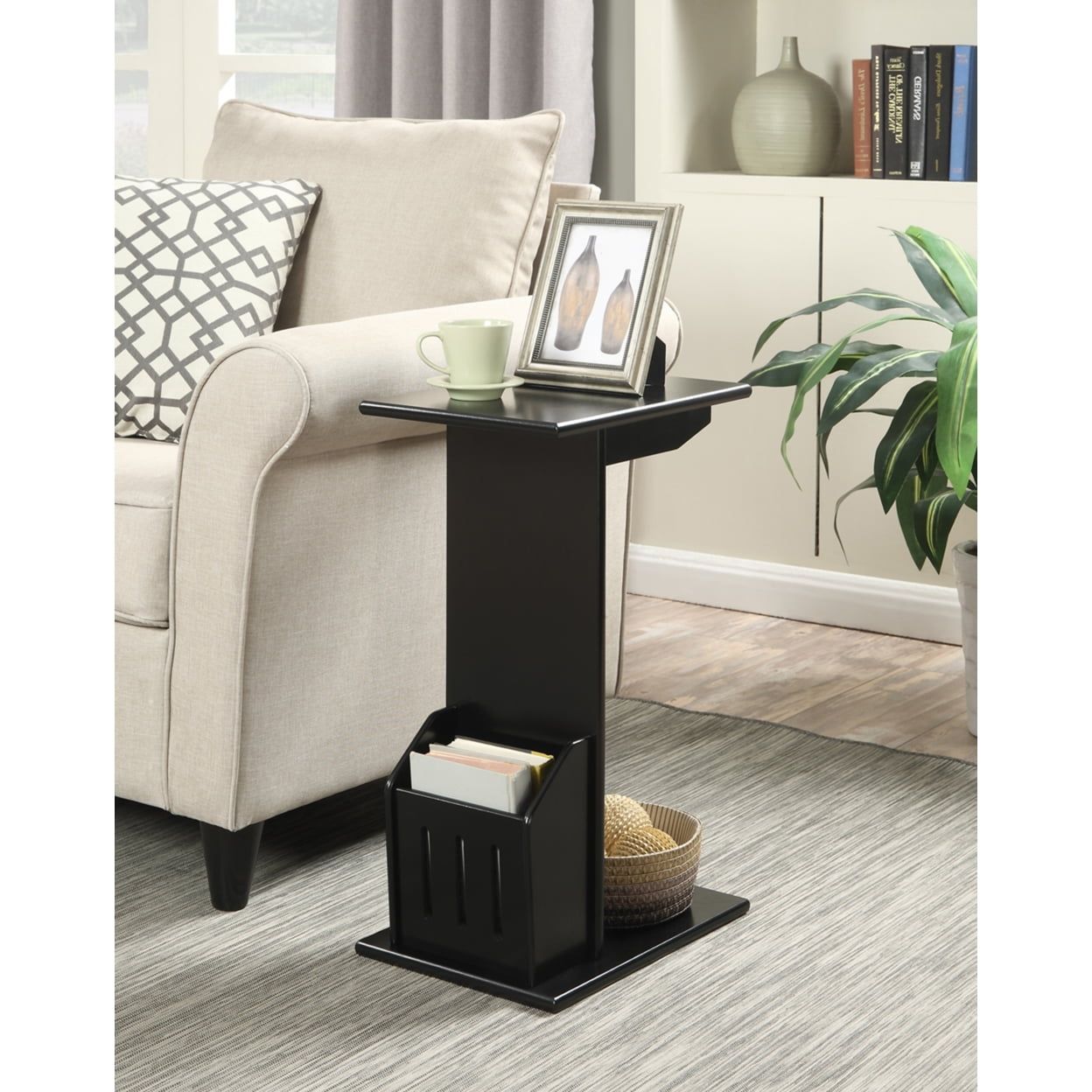 C-Shaped Black Wood Magazine Holder End Table