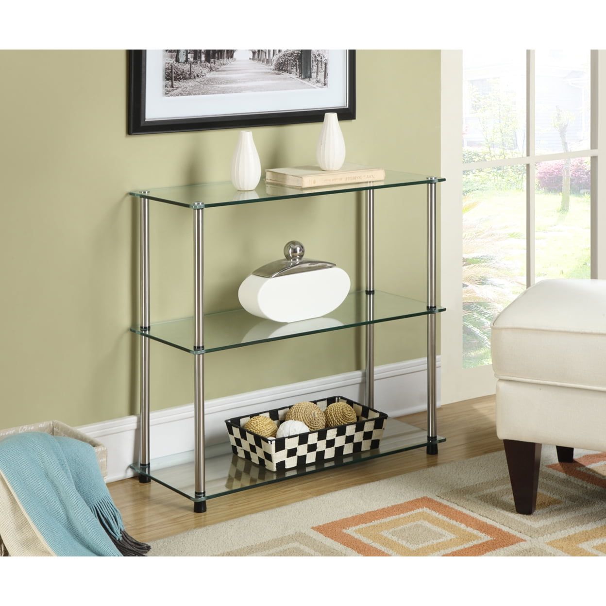 Elegant Modern 28" Clear Glass 3-Shelf Bookcase