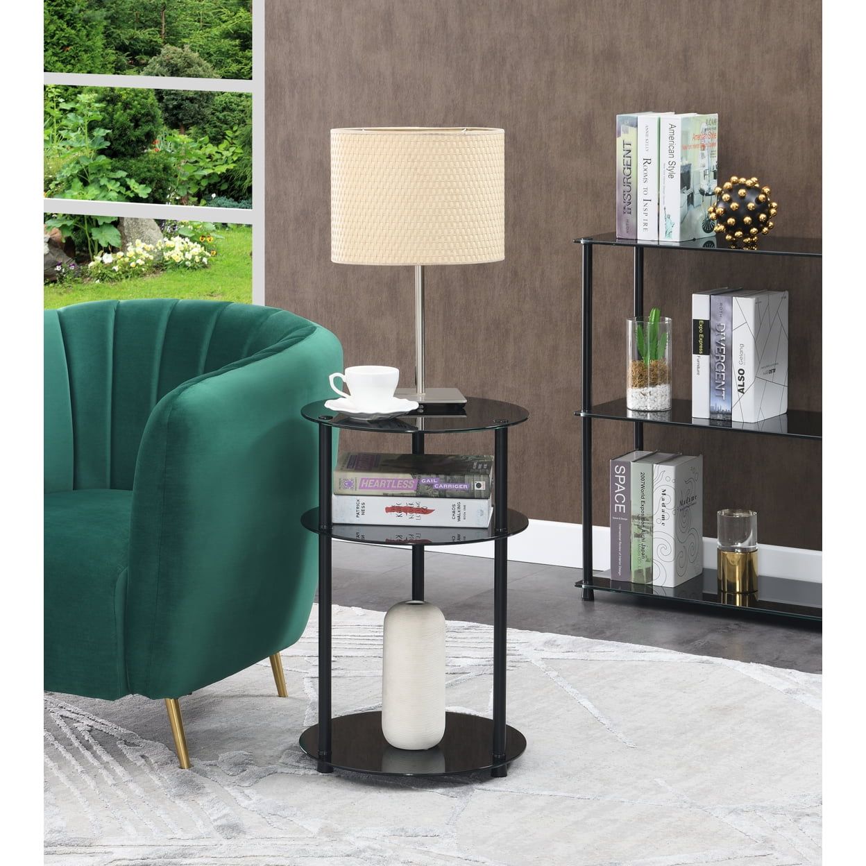 Black Round Stainless Steel and Glass 3-Tier Side Table