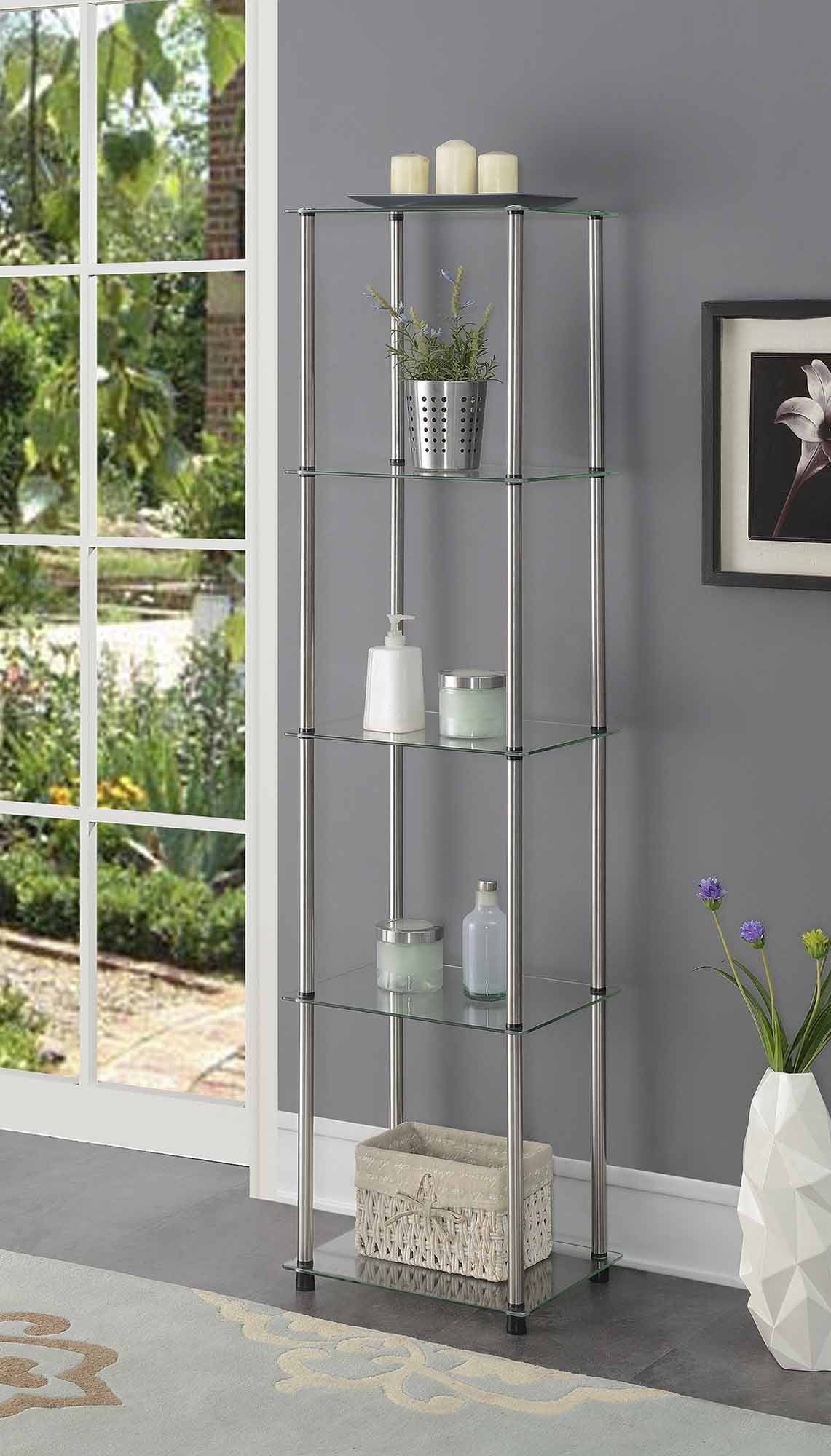 Modern Black and Glass 5-Tier Stainless Steel Bookcase