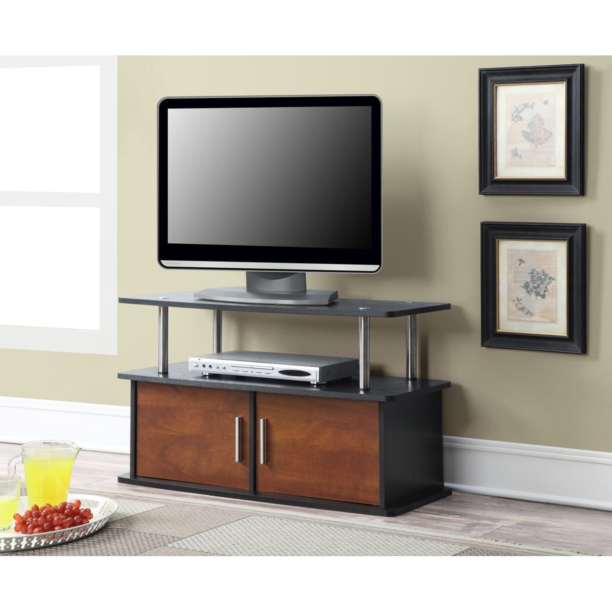 Cherry Wood 35.5'' TV Stand with Stainless Steel Accents and Cabinet Storage