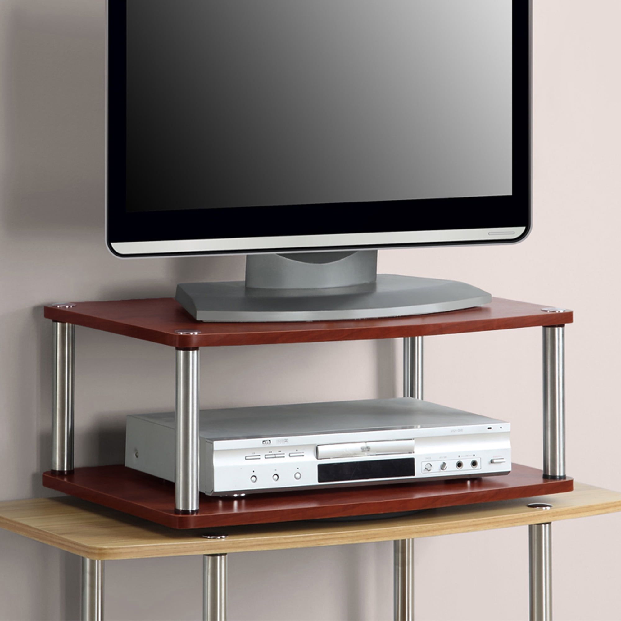 Cherry Double Tier Swivel TV Riser with Stainless Steel Poles