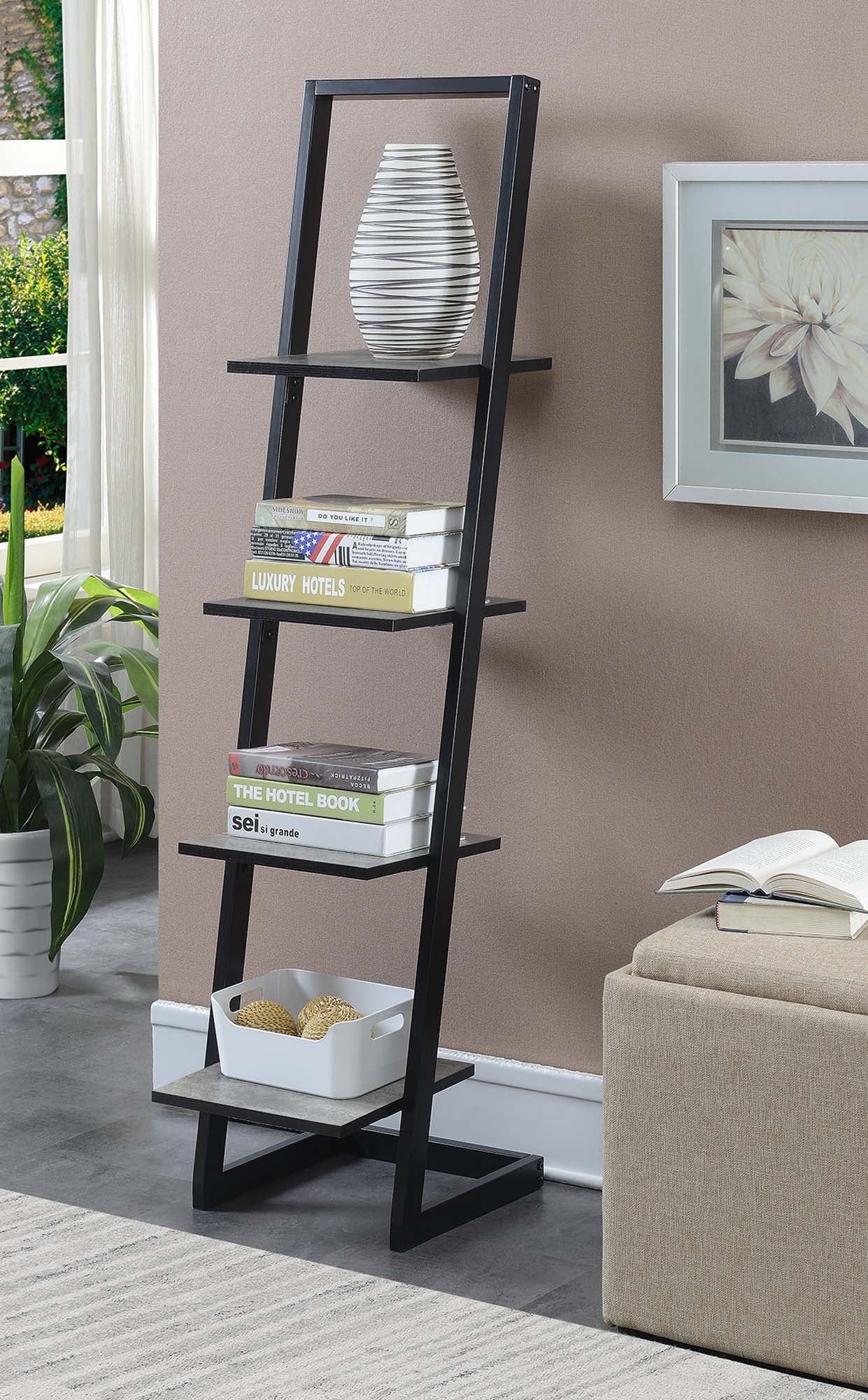 Elegant 4-Tier Black Woodgrain Ladder Bookshelf