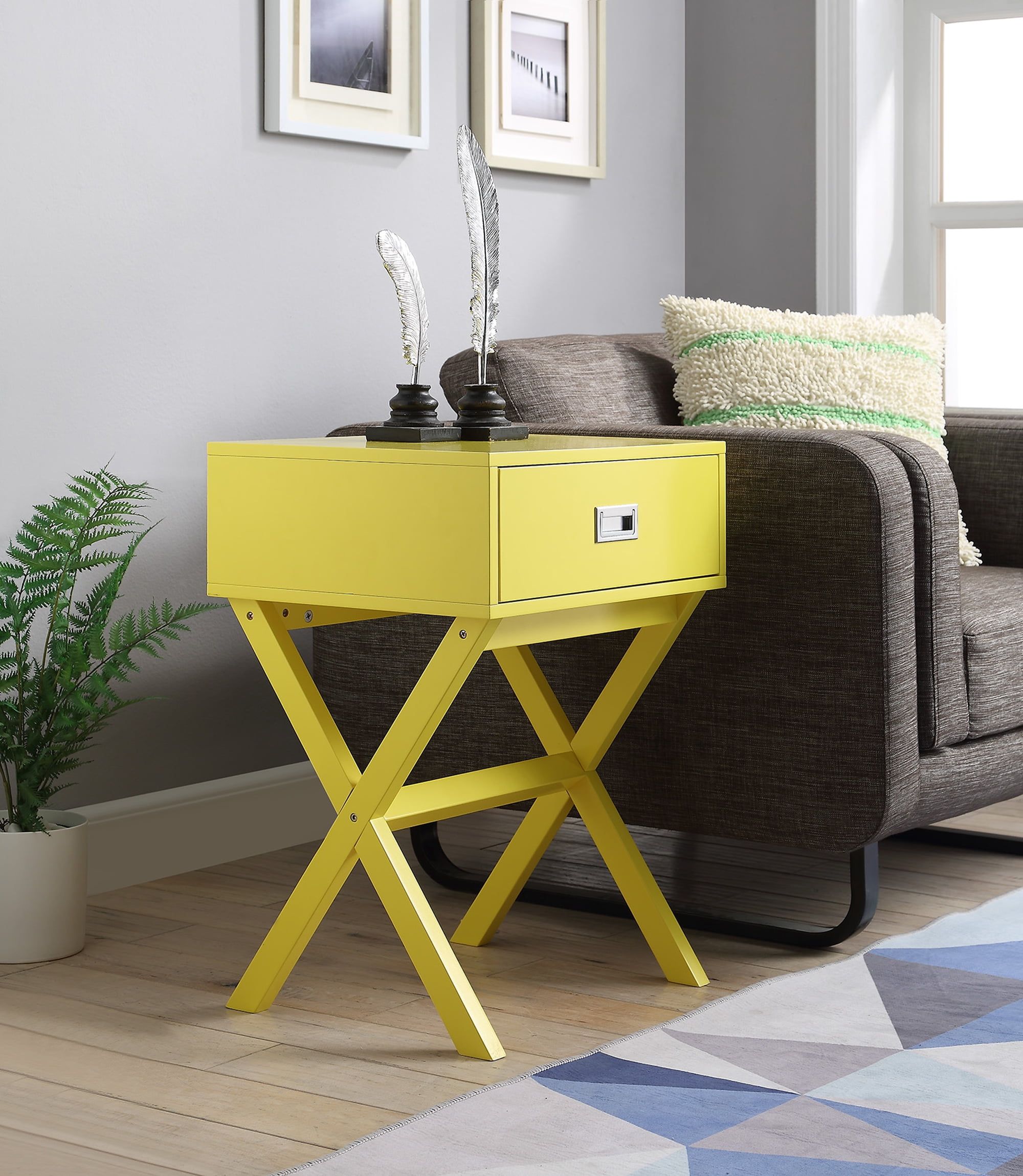 Yellow Wood End Table with Storage Drawer