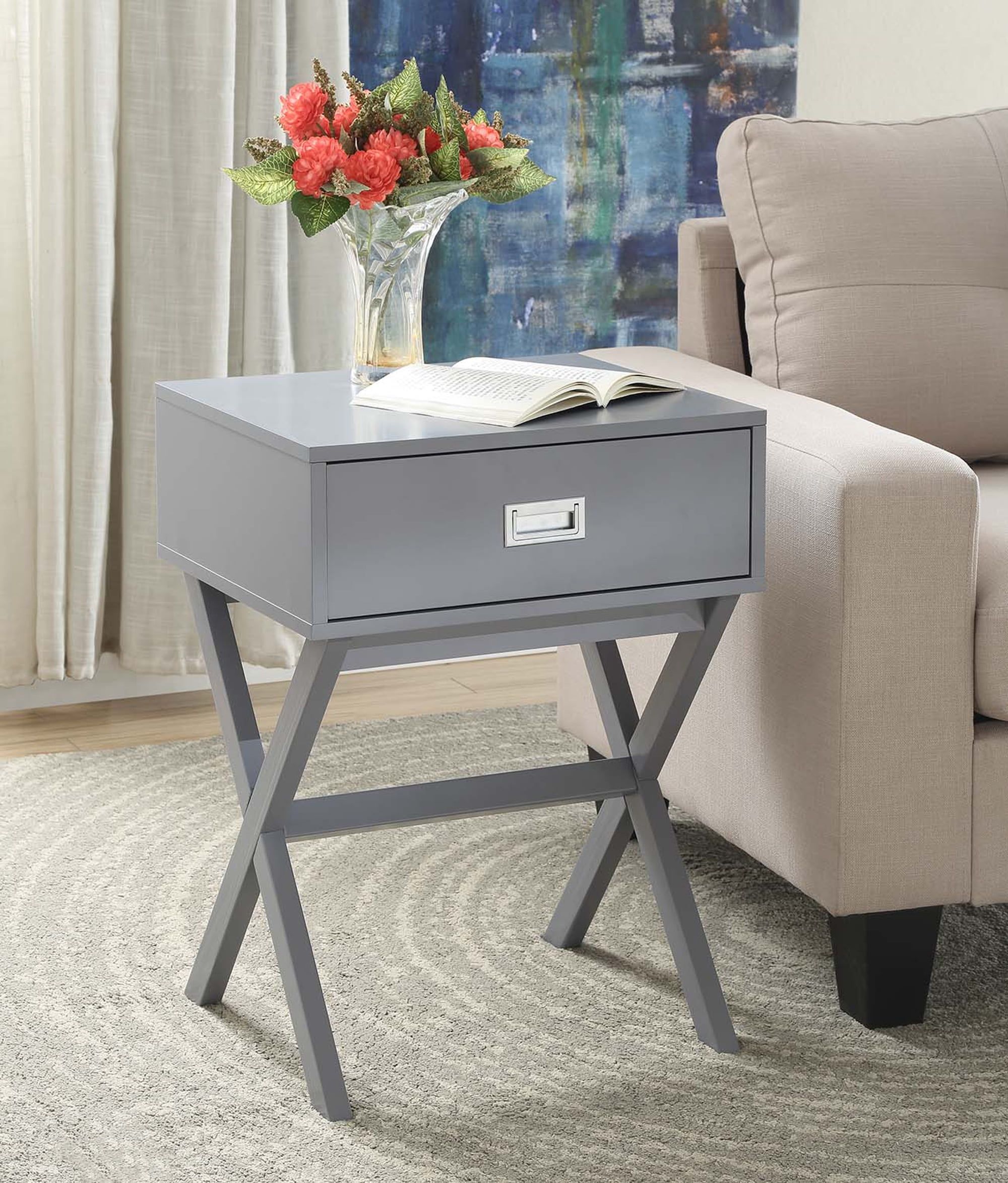 Modern Gray Wood Square End Table with Large Storage Drawer