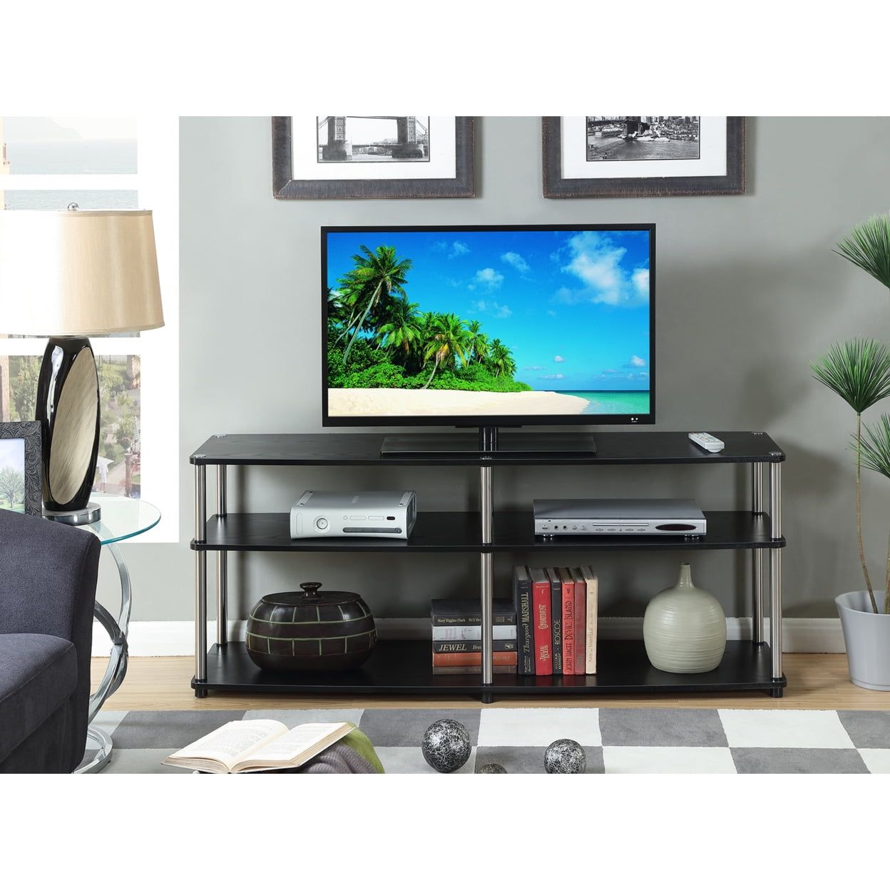 Black 59" 3-Tier TV Stand with Stainless Steel Poles