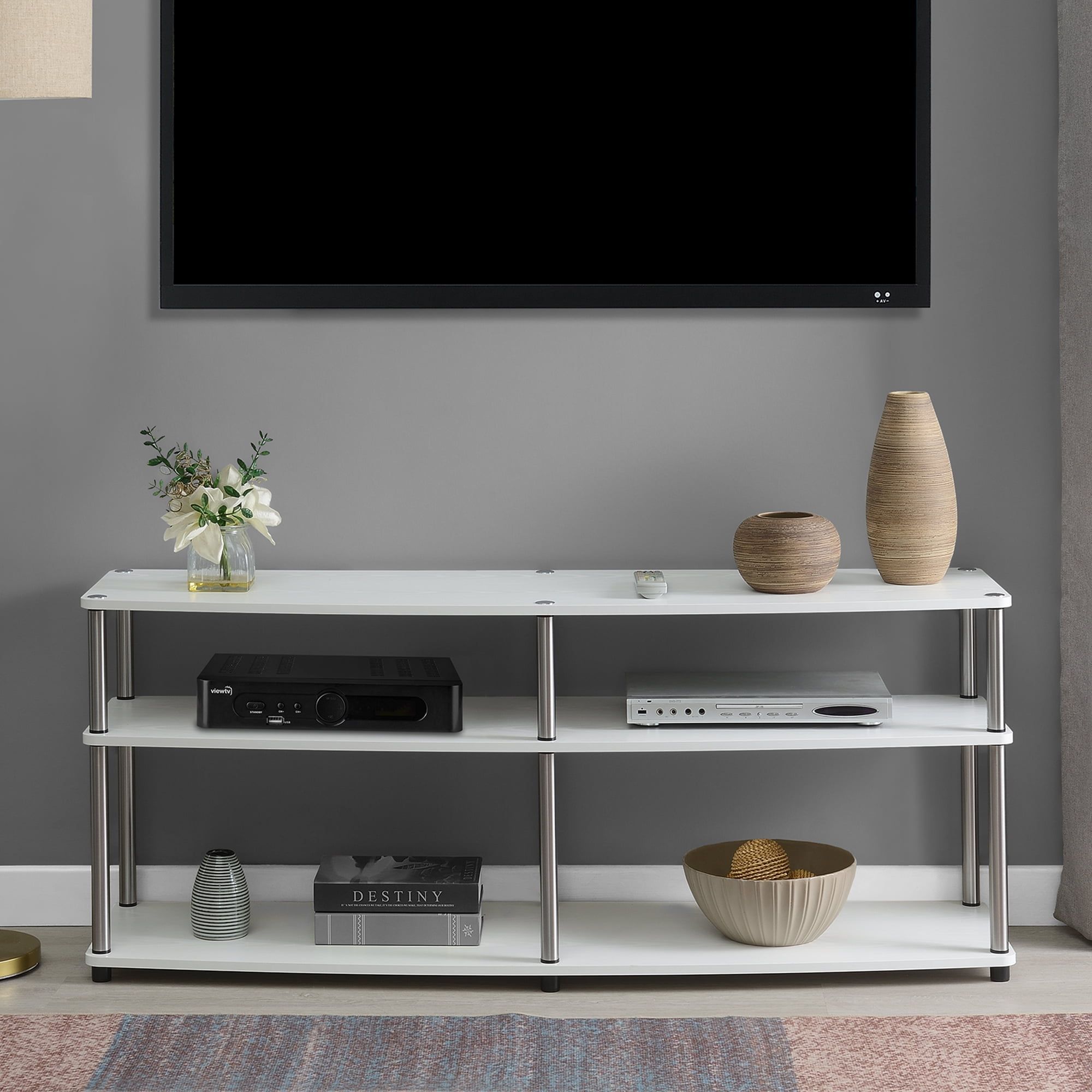 Modern White 59" Wide 3-Tier TV Stand with Stainless Steel Poles