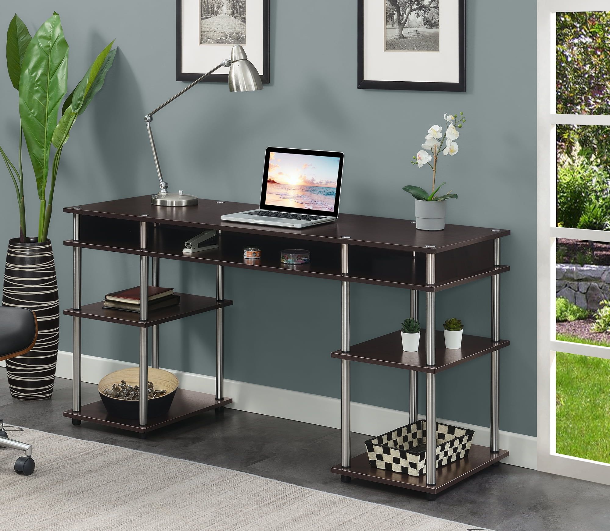 Espresso 59'' Deluxe Wood Desk with Drawer and Shelves