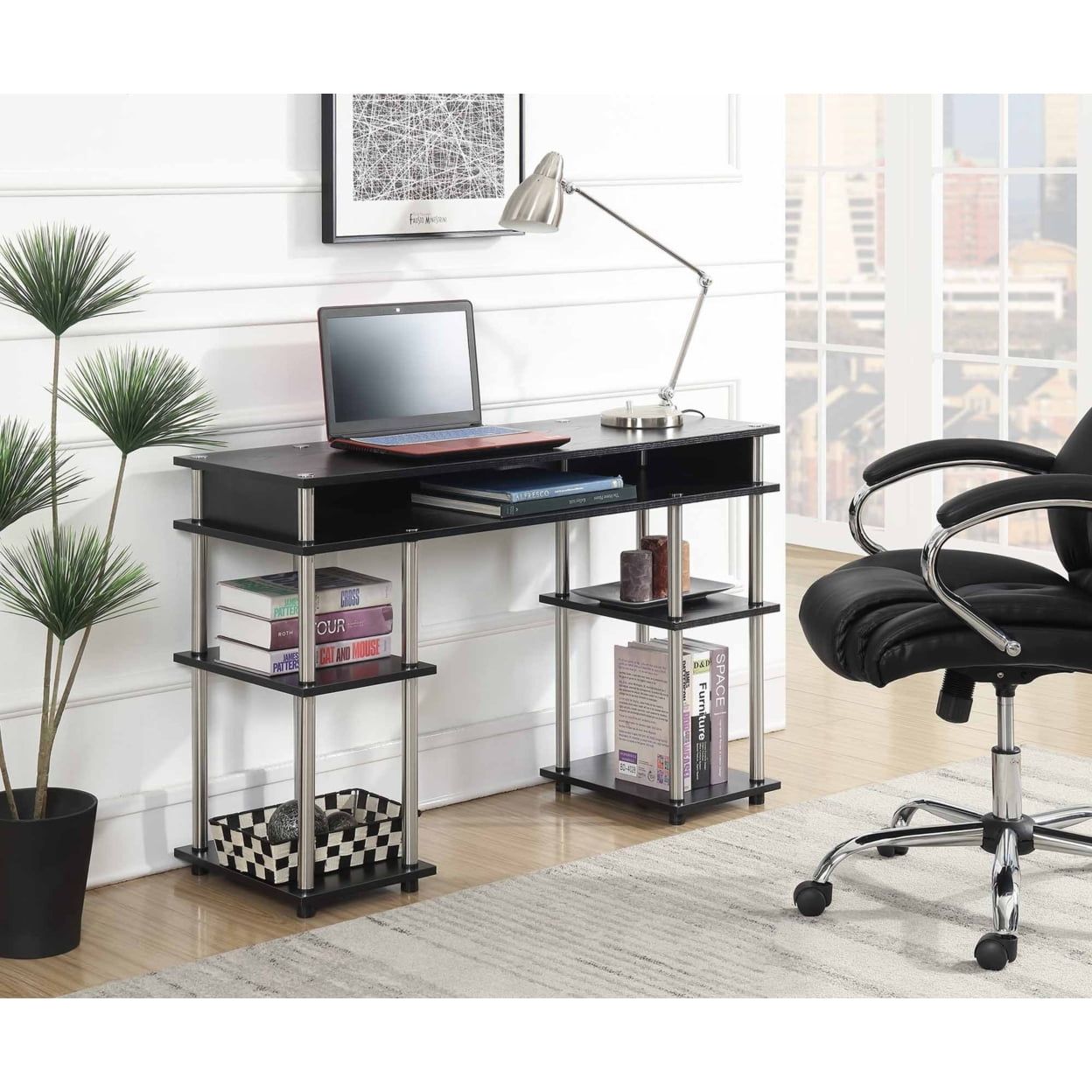 Black Wood Student Desk with Stainless Steel Legs and Shelves