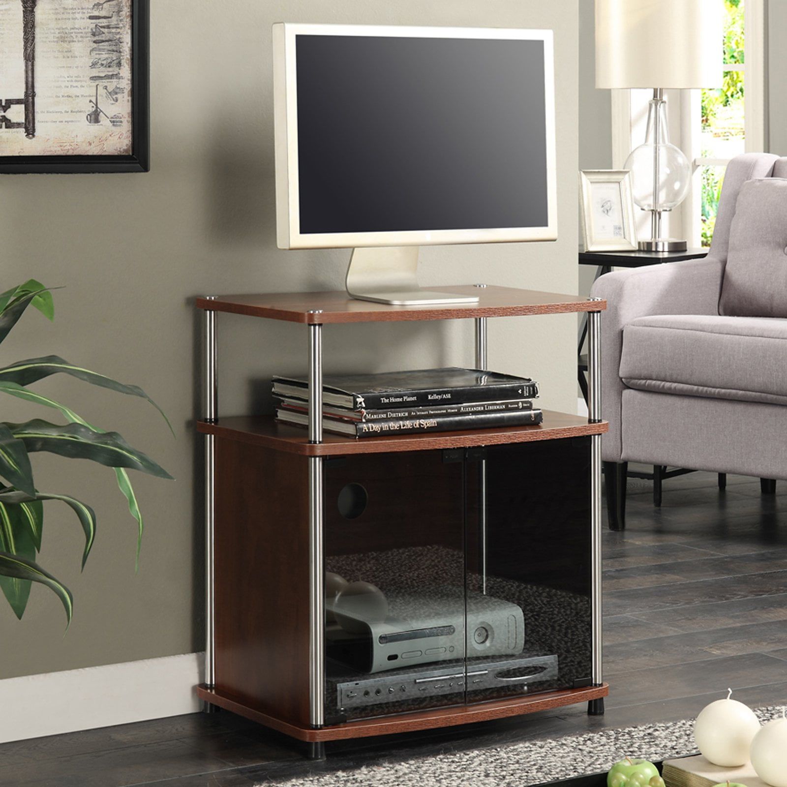 Transitional 24" Black Wood & Steel TV Stand with Glass Cabinet