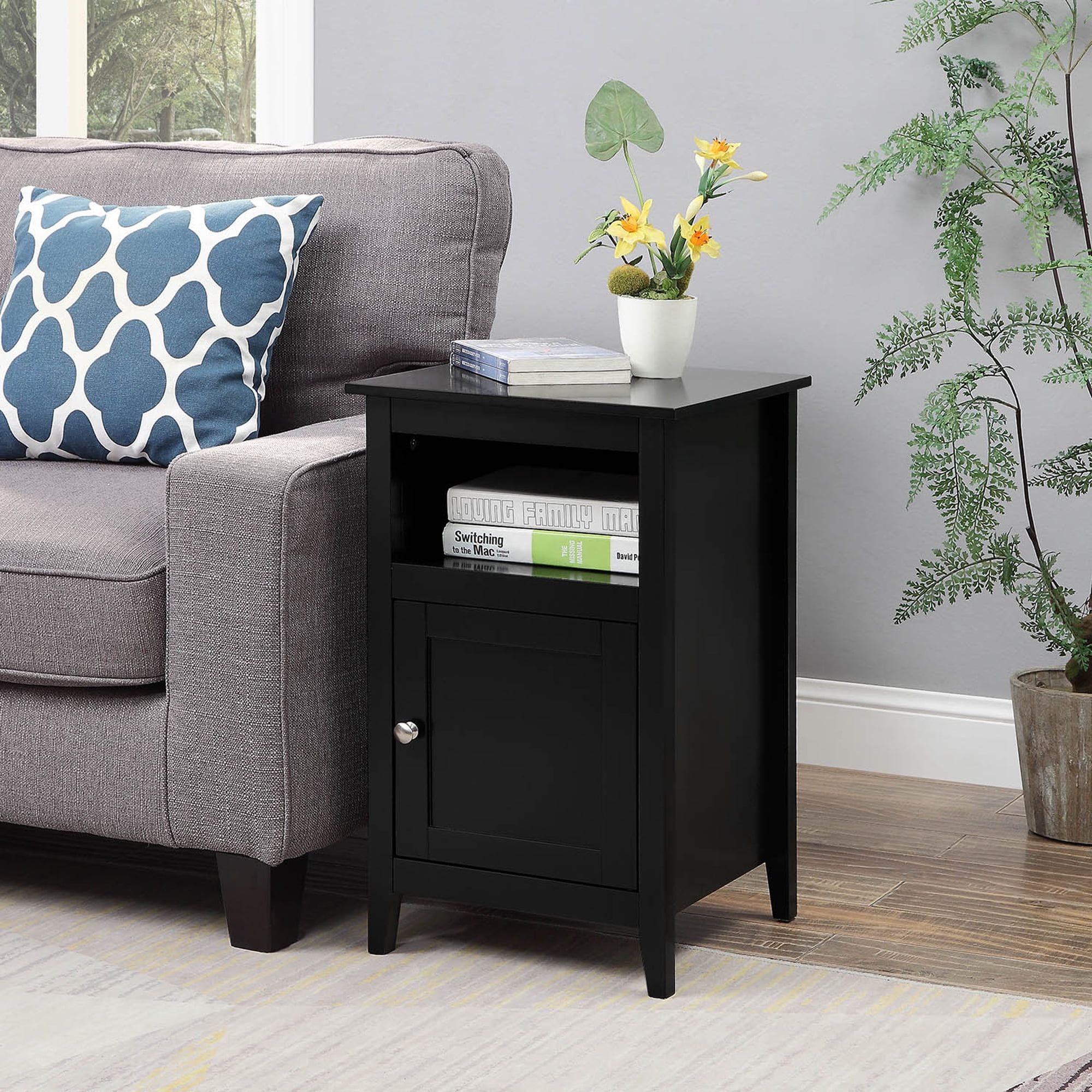 Black MDF Square End Table with Storage Cabinet